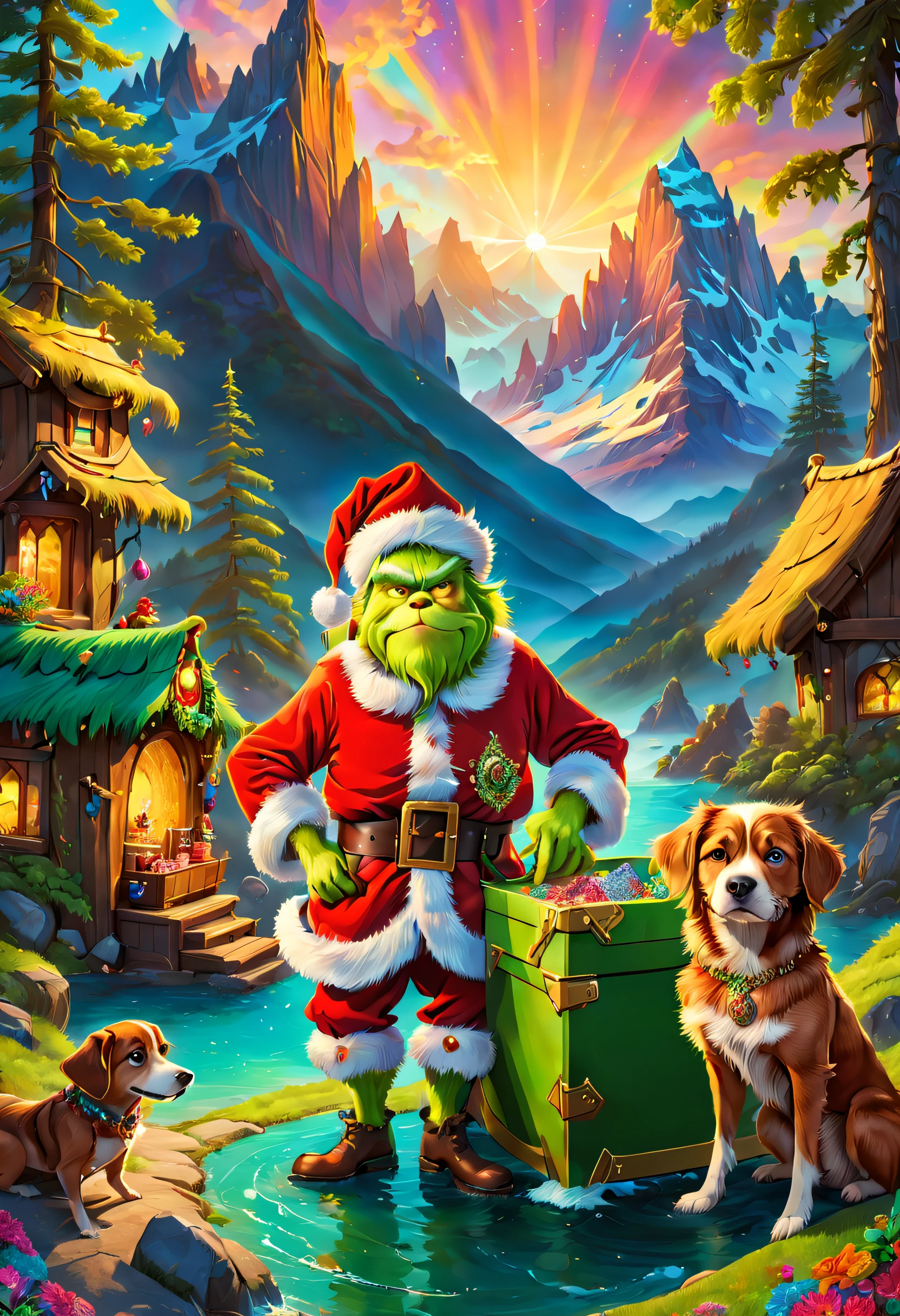 The Grinch is exploring，Dress up as Santa Claus，With dogs，hole in the mountains，flowingwater，treasure chests，jewely，(traditional art, illustratio, Exquisite、Best quality、ultra - detailed、nice、Positioning details，RGB color, Surrealism, Luminism, Ghibli-like colours, Verism, UHD, masterpiece, ccurate, anatomically correct, textured skin, super detail, high quality, award winning, best quality, 8k，vibrant with colors，high saturated, ultra-wide-angle, En plein air, Pixar)