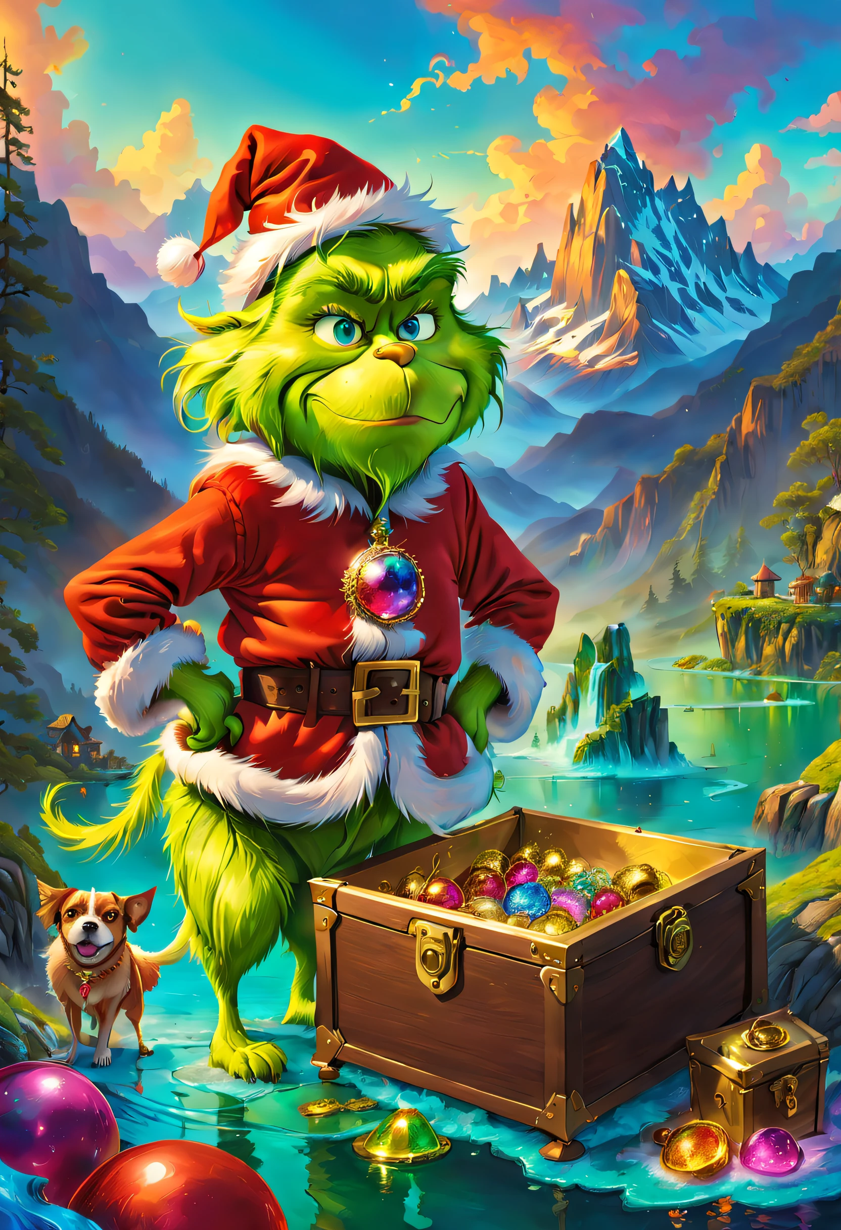 The Grinch is exploring,Wearing Santa Claus's Clothes,With dogs,hole in the mountains,flowingwater,treasure chests,jewely,(traditional art, illustratio, Exquisite、Best quality、ultra - detailed、nice、Positioning details,RGB color, Surrealism, Luminism, Ghibli-like colours, Verism, UHD, masterpiece, ccurate, anatomically correct, textured skin, super detail, high quality, award winning, best quality, 8k,vibrant with colors,high saturated, ultra-wide-angle, En plein air, Pixar)