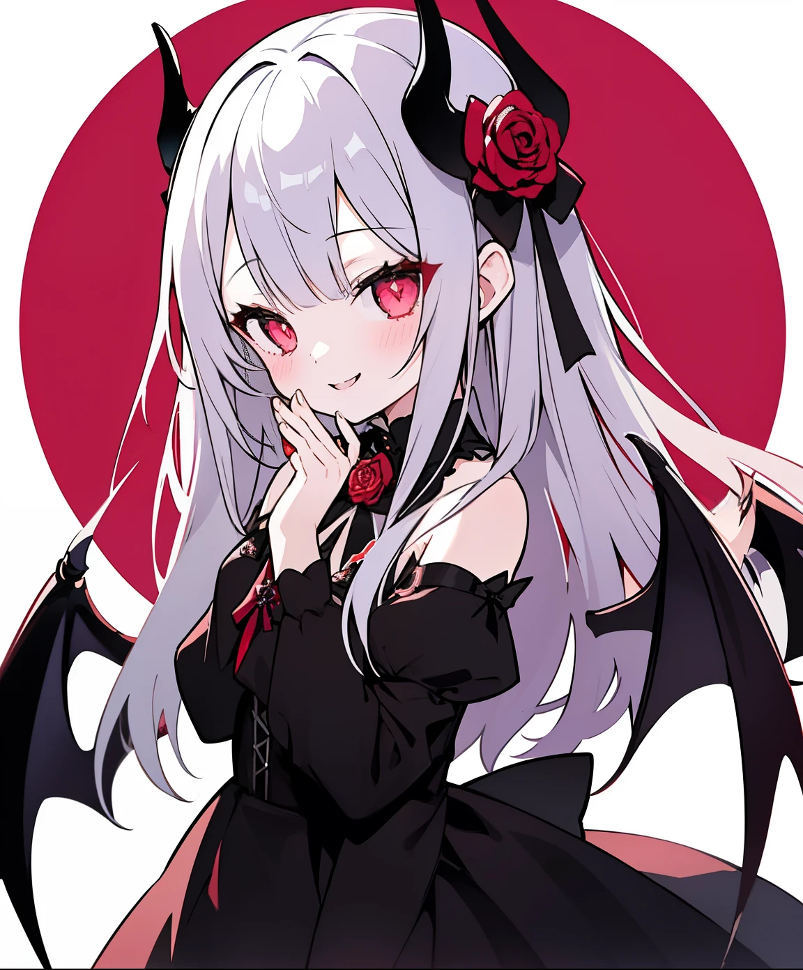 (8K、Masterpiece、masutepiece、​masterpiece)Vampires、Black dress、Cool dresses、Red Rose、roses、Background Simple、demon realm、cute little、a cool、(1girl in、the scythe、Diabolical、pluma)Silvery hair、Pale flesh-colored skin、Golden eyes、Cat-like pupils、a smile、There is something crazy about that smile、((((1girl in))))(Chibi)、Diabolical、(((Diabolical、Devil's Wings)))