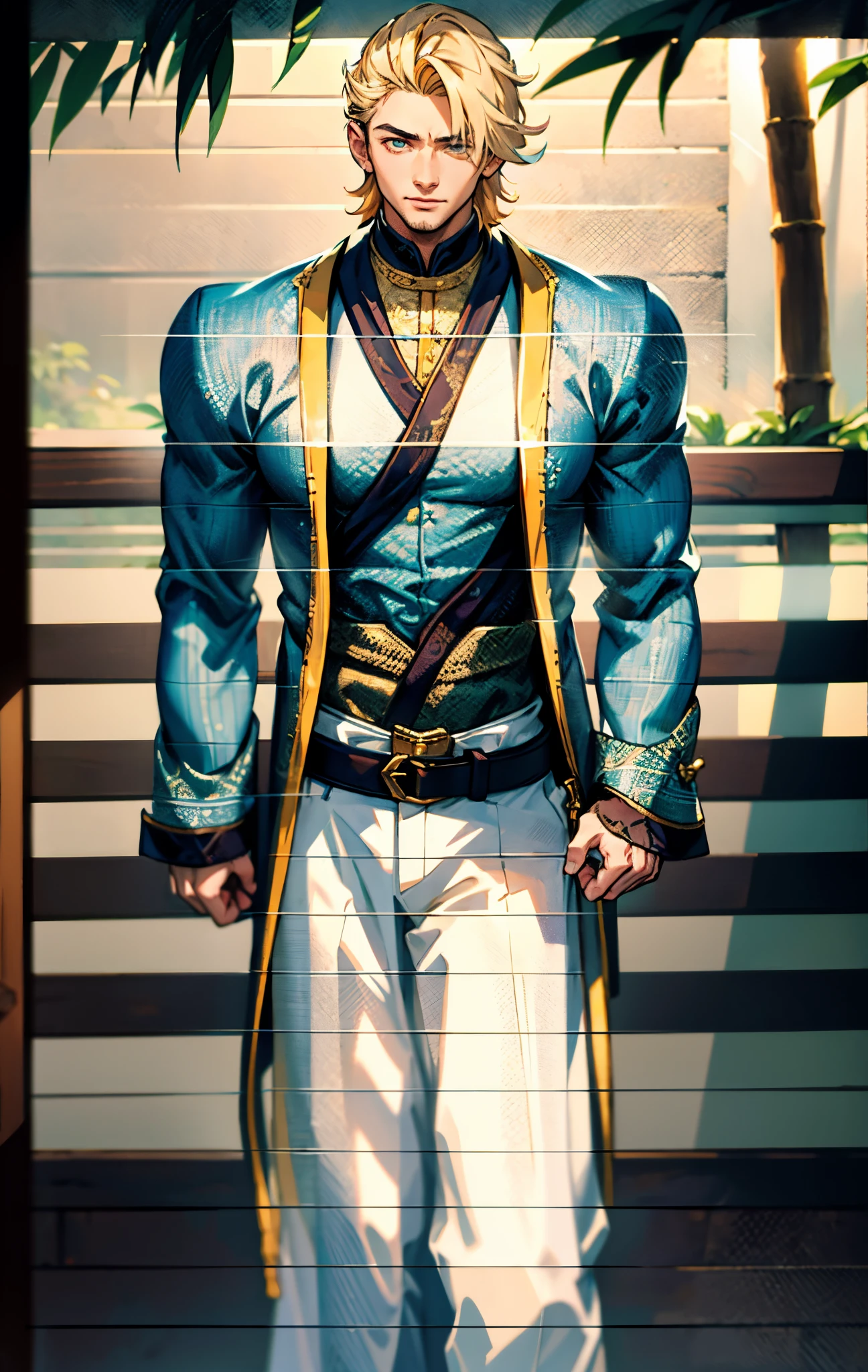 A man, short golden hair styled in an upward fashion, a tuft of hair bangs, a melancholic expression, sharp gaze, a playful smile, a two-piece fantasy-style Chinese outfit, a complexly layered white undershirt, a loose-knit outer coat, a yellow silk belt, coarse cloth trousers, the backdrop showcases a wooden house set in a bamboo forest, creating a refreshing and dreamy atmosphere, this character embodies a finely crafted fantasy-style wise in anime style, characterized by an exquisite and mature manga illustration art style, high definition, best quality, highres, ultra-detailed, ultra-fine painting, extremely delicate, professional, anatomically correct, symmetrical face, extremely detailed eyes and face, high quality eyes, creativity, RAW photo, UHD, 8k, Natural light, cinematic lighting, masterpiece-anatomy-perfect, masterpiece:1.5