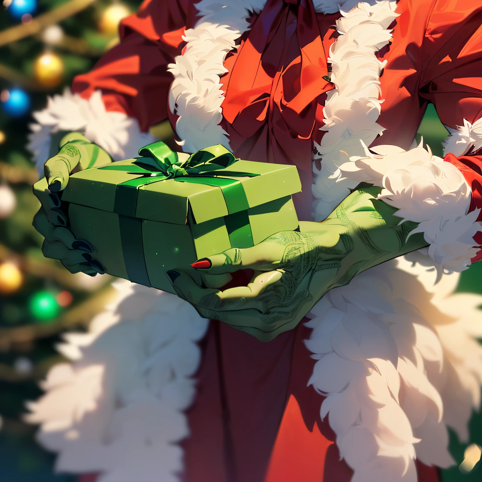 (masterpiece, best quality, hires, ultra-detailed:1.3), (hand only, hand focus, hand close-up, head out of frame:1.8), (male hand, green skin, santa costume, holding present box:1.2), fiom side, black background
