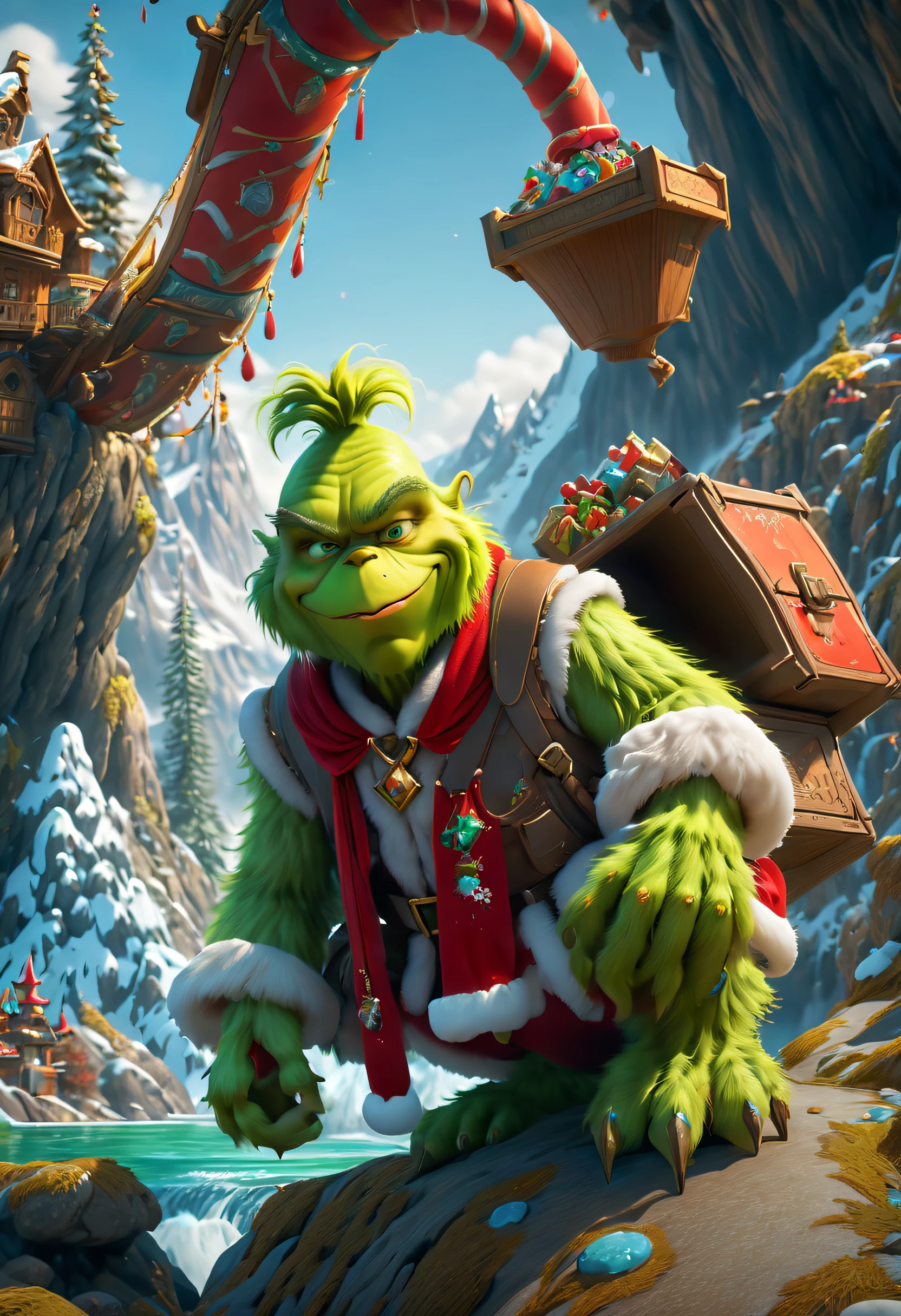 The Grinch is exploring,Wearing Santa Claus Clothes,With dogs,hole in the mountains,flowingwater,treasure chests,jewely,(traditional art, illustratio, Exquisite、Best quality、ultra - detailed、nice、Positioning details,RGB color, Surrealism, Luminism, Ghibli-like colours, Verism, UHD, masterpiece, ccurate, anatomically correct, textured skin, super detail, high quality, award winning, best quality, 8k,vibrant with colors,high saturated, ultra-wide-angle, En plein air, Pixar)