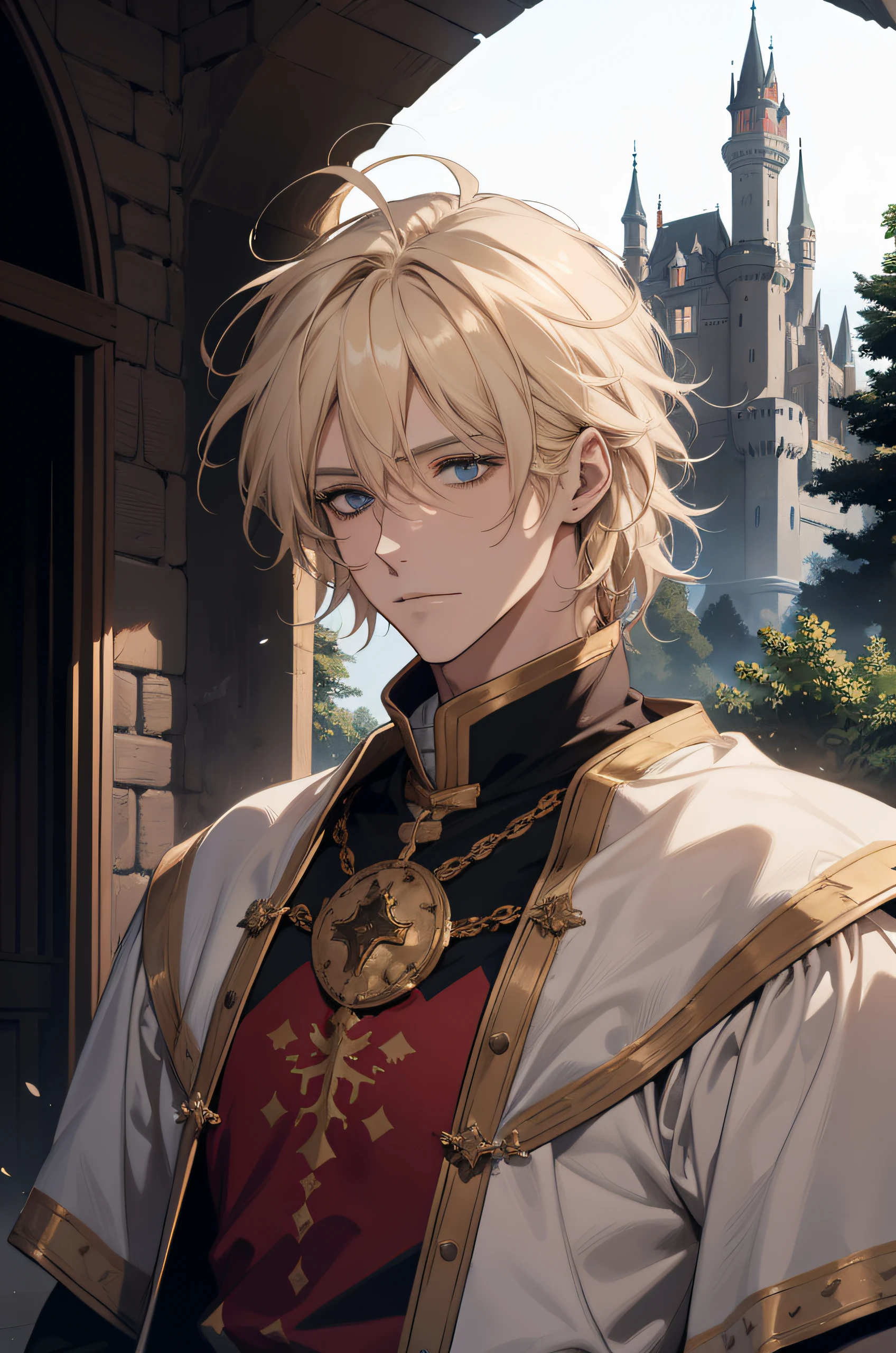 1 male human, AS-Adult, Messy blonde hair and bangs, ((long whitr hair)), prinz, white clothes, Handsome, chill out, The beautiful, Condescending, Slimming, in a castle, Medieval fantasy
