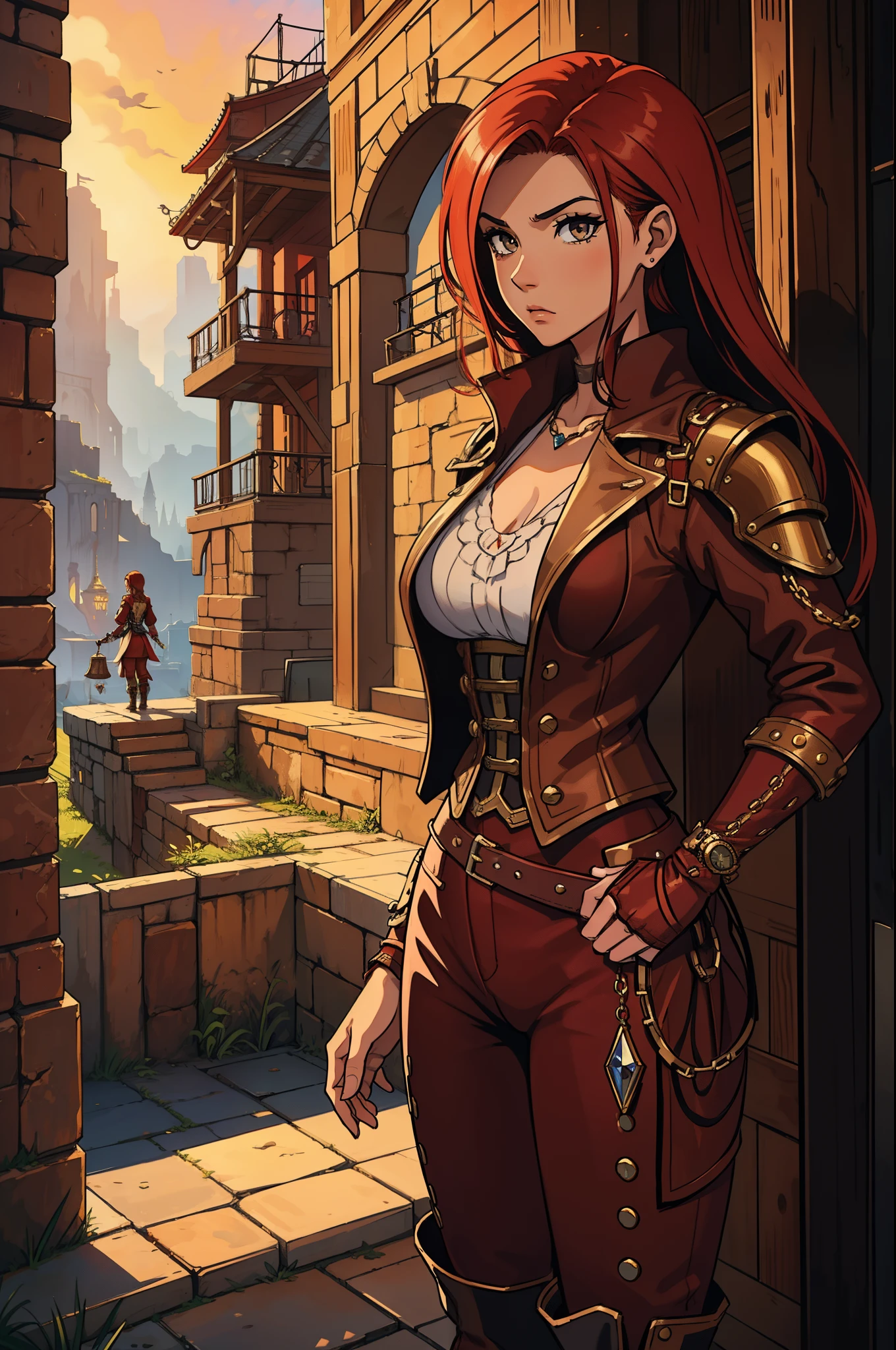Erza Scarlet is one of the main characters in the series. The young woman with scarlet hair and brown eyes is described by Lucy Heartfilia herself as an amazing woman, very strict and who does not admit when others make mistakes. She is a slender figure with well-drawn curves. Seu traje mais comum consiste em un espartilho feito sob medida, A pair of red pants, Botas pretas e brincos em forma de diamante, in high resolution, circunstanciado, uma arte para um Jogo de rpg ((melhor qualidade)) ((olhos bonitos)) ((Steampunk))