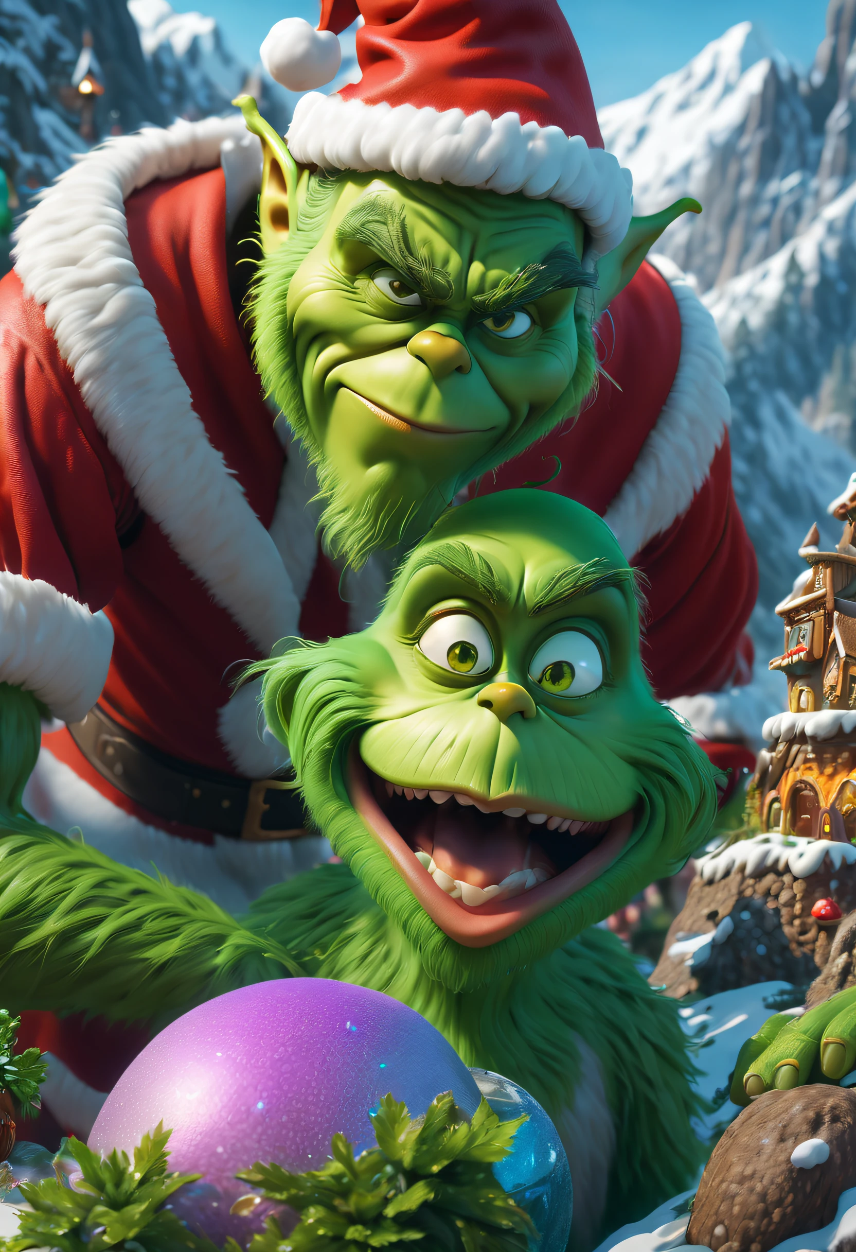 The Grinch is exploring,Wearing Santa Claus Clothes,With dogs,hole in the mountains,flowingwater,treasure chests,jewely,(traditional art, illustratio, Exquisite、Best quality、ultra - detailed、nice、Positioning details,RGB color, Surrealism, Luminism, Ghibli-like colours, Verism, UHD, masterpiece, ccurate, anatomically correct, textured skin, super detail, high quality, award winning, best quality, 8k,vibrant with colors,high saturated, ultra-wide-angle, En plein air, Pixar), art by mooncryptowow
