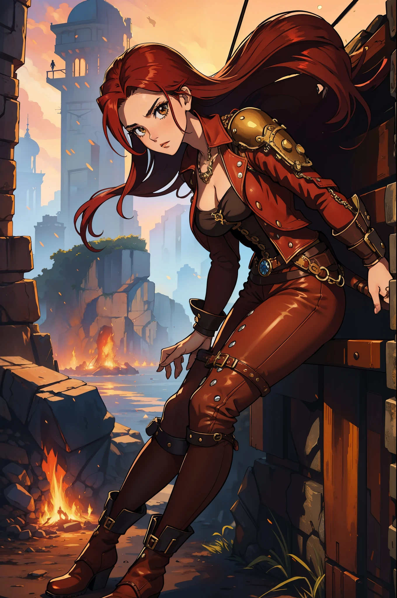 Erza Scarlet is one of the main characters in the series. The young woman with scarlet hair and brown eyes is described as an amazing woman, very strict and who does not admit when others make mistakes. She's a slender, Figura elegante com curvas bem desenhadas. Her costume is custom-made sexy steampunk style, a black pants, Botas pretas e brincos em forma de diamante, in high resolution, circunstanciado, qualidade hd. uma arte para um Jogo de rpg.