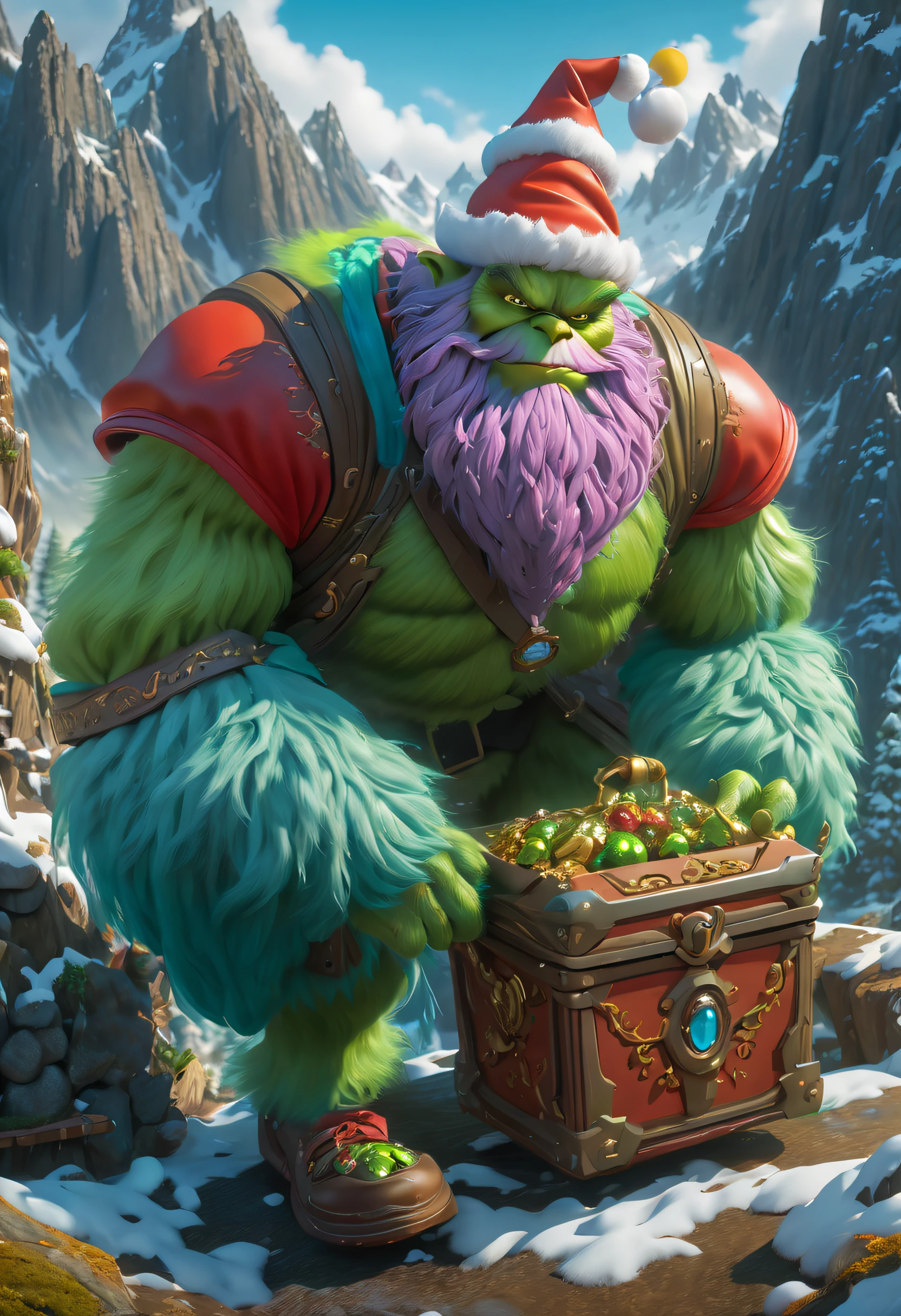 The Grinch is exploring，Wearing Santa Claus Clothes，With dogs，hole in the mountains，flowingwater，treasure chests，jewely，(traditional art, illustratio, Exquisite、Best quality、ultra - detailed、nice、Positioning details，RGB color, Surrealism, Luminism, Ghibli-like colours, Verism, UHD, masterpiece, ccurate, anatomically correct, textured skin, super detail, high quality, award winning, best quality, 8k，vibrant with colors，high saturated, ultra-wide-angle, En plein air, Pixar), art by mooncryptowow