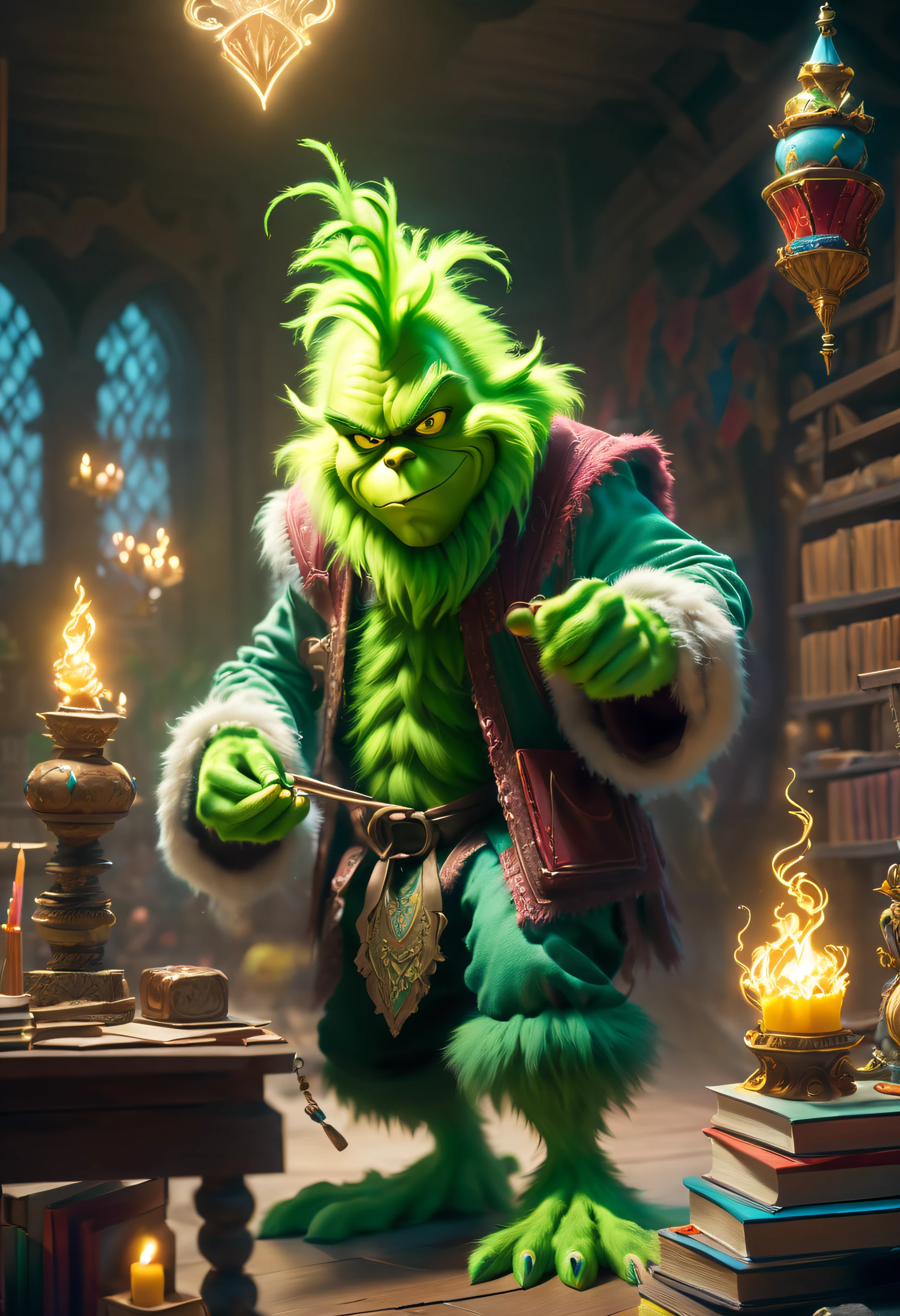 The green-haired monster Grinch stands in the classroom, With a magic wand, Cast complex and powerful spells. A bright flash lights up the surroundings. Grinch&#39;s eyes are full of weirdness and evil，wave the wand with precision. The air is filled with magical energy, Crackling，around him. The classroom is filled with ancient books, potion bottle, and other magical artifacts. The walls are decorated with intricate tapestries，The history of magic is depicted. The atmosphere is mysterious and charming. The Grinch&#39;s spell comes to life, Create stunning visuals，Engage your audience. plethora of colors、brightly colored, With a touch of otherworldly light. The lighting is dramatic, Cast a long shadow，Highlight the boy&#39;s face with magical light. The scene gives a sense of awe and wonder. The Grinch&#39;s intense focus and raw power of his spells clearly indicate that he is a gifted evil wizard, Destined for great things. Image quality is top notch, It has ultra-fine textures and sharp focus. This artwork has a sense of reality and fantasy, Combine elements of digital illustration and traditional painting. Carefully selected colors create a harmonious and magical atmosphere, With a touch of warmth and mystery. The scene is bathed in softness, natural soft light, Casts a soft glow around. The overall composition and perspective transport the viewer into a magical world, Evoke feelings of wonder and excitement.