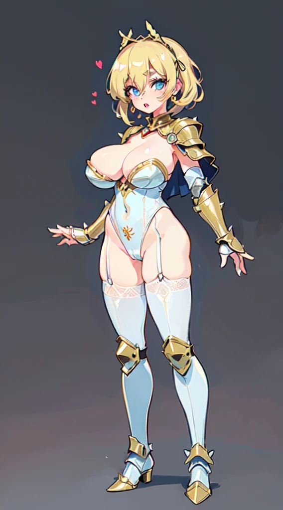 "(masterpiece:1.1), best quality, NSFW,
1girl, (80s anime style:1.3), (eyelashes:1.5), (:1.2),
(intricate high detailed body:1.2),
blonde hair, (hair over one eye:1.1), (short hair, wavy hair:1.1), (hair ribbon:1.2),
blue eyes, (lip stick:1.3), (thick eyebrows:1.1),
(gigantic breasts:1.3),
(shy:1.2), (blush:1.1), open mouth,
(golden embroidery leotard armor:1.2), (garter belt:1.2),
(spiked knight armor, armored boots, capelet:1.2), (hoop earrings:1.1), long gloves,
standing, claw pose,
(full body, looking at viewer, from front:1.1),
(simple white background:1.2)"