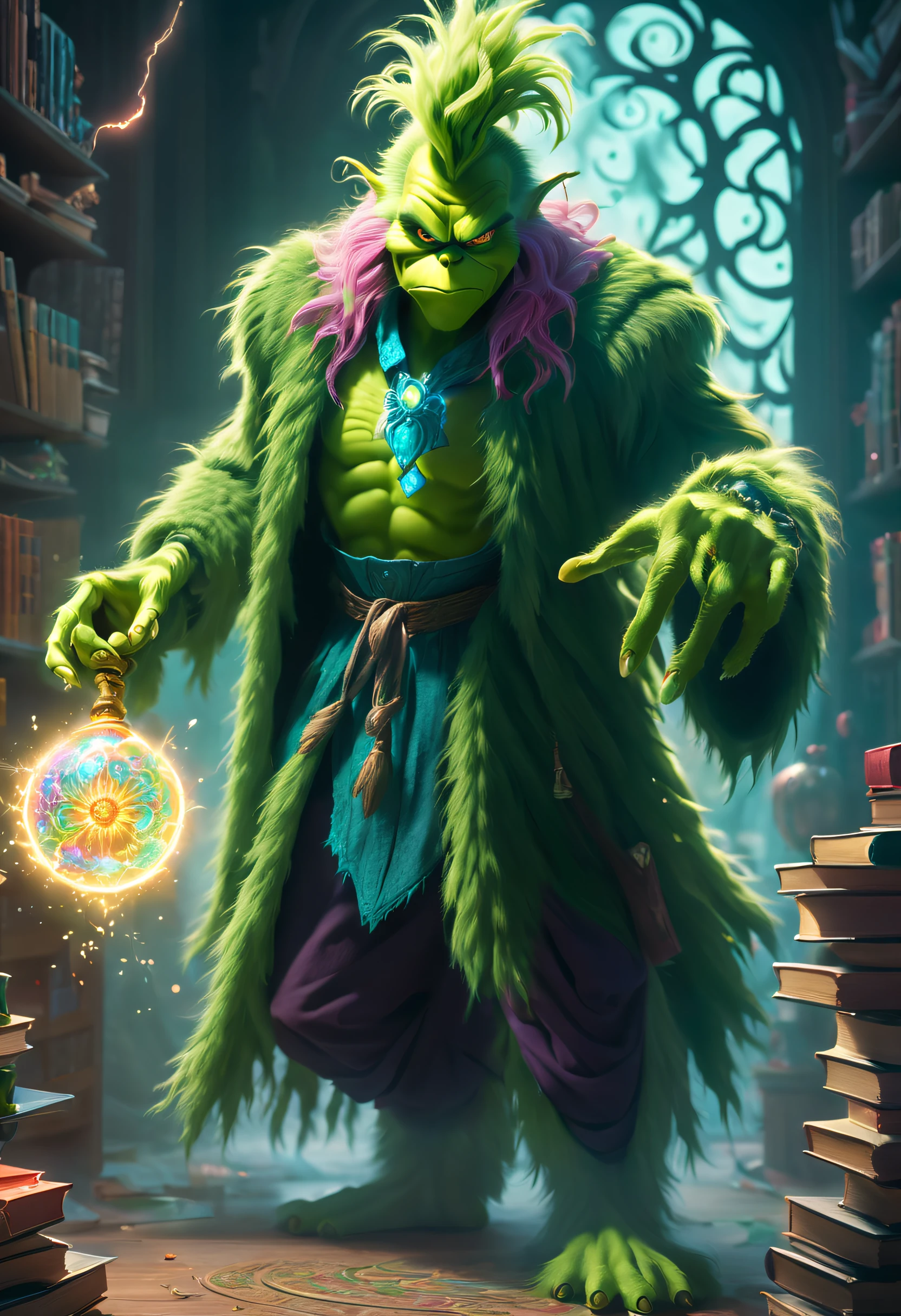 The green-haired monster Grinch stands in the classroom, With a magic wand, Cast complex and powerful spells. A bright flash lights up the surroundings. Grinch's eyes are full of weirdness and evil,wave the wand with precision. The air is filled with magical energy, Crackling,around him. The classroom is filled with ancient books, potion bottle, and other magical artifacts. The walls are decorated with intricate tapestries,The history of magic is depicted. The atmosphere is mysterious and charming. The Grinch's spell comes to life, Create stunning visuals,Engage your audience. plethora of colors、brightly colored, With a touch of otherworldly light. The lighting is dramatic, Cast a long shadow,Highlight the boy's face with magical light. The scene gives a sense of awe and wonder. The Grinch's intense focus and raw power of his spells clearly indicate that he is a gifted evil wizard, Destined for great things. Image quality is top notch, It has ultra-fine textures and sharp focus. This artwork has a sense of reality and fantasy, Combine elements of digital illustration and traditional painting. Carefully selected colors create a harmonious and magical atmosphere, With a touch of warmth and mystery. The scene is bathed in softness, natural soft light, Casts a soft glow around. The overall composition and perspective transport the viewer into a magical world, Evoke feelings of wonder and excitement.