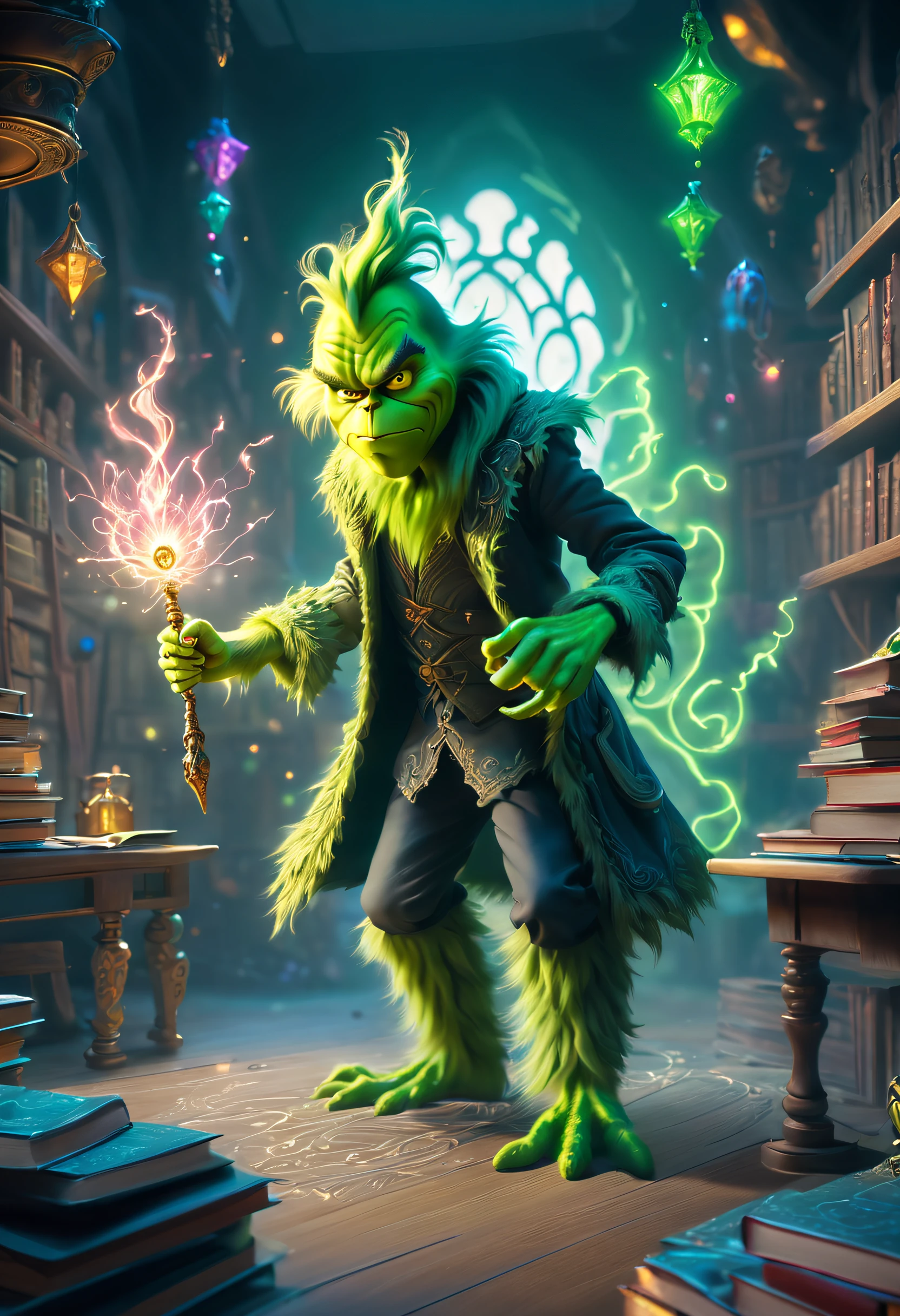The green-haired monster Grinch stands in the classroom, With a magic wand, Cast complex and powerful spells. A bright flash lights up the surroundings. Grinch&#39;s eyes are full of weirdness and evil，wave the wand with precision. The air is filled with magical energy, Crackling，around him. The classroom is filled with ancient books, potion bottle, and other magical artifacts. The walls are decorated with intricate tapestries，The history of magic is depicted. The atmosphere is mysterious and charming. The Grinch&#39;s spell comes to life, Create stunning visuals，Engage your audience. plethora of colors、brightly colored, With a touch of otherworldly light. The lighting is dramatic, Cast a long shadow，Highlight the boy&#39;s face with magical light. The scene gives a sense of awe and wonder. The Grinch&#39;s intense focus and raw power of his spells clearly indicate that he is a gifted evil wizard, Destined for great things. Image quality is top notch, It has ultra-fine textures and sharp focus. This artwork has a sense of reality and fantasy, Combine elements of digital illustration and traditional painting. Carefully selected colors create a harmonious and magical atmosphere, With a touch of warmth and mystery. The scene is bathed in softness, natural soft light, Casts a soft glow around. The overall composition and perspective transport the viewer into a magical world, Evoke feelings of wonder and excitement.