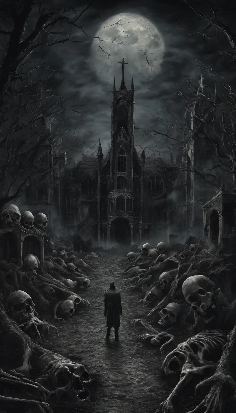 (nighttime scene), Horror, haunted, dead body, vampires, skulls, Images depicting hell, Necrotic bacteria, Image style painting, Realistic, Shadows, HD, High quality, Cinematic