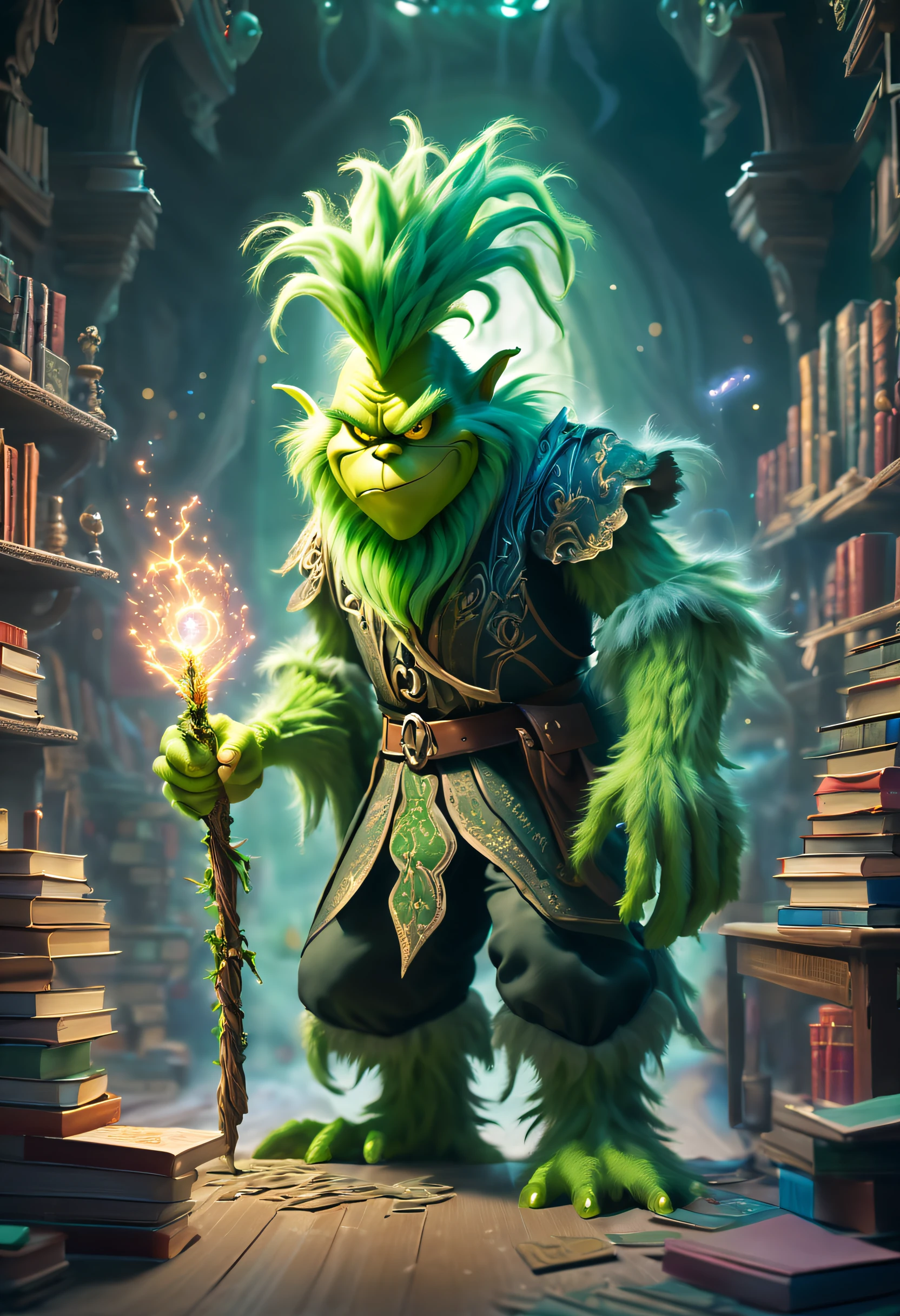 The green-haired monster Grinch stands in the classroom, With a magic wand, Cast complex and powerful spells. A bright flash lights up the surroundings. Grinch&#39;s eyes are full of weirdness and evil，wave the wand with precision. The air is filled with magical energy, Crackling，around him. The classroom is filled with ancient books, potion bottle, and other magical artifacts. The walls are decorated with intricate tapestries，The history of magic is depicted. The atmosphere is mysterious and charming. The Grinch&#39;s spell comes to life, Create stunning visuals，Engage your audience. plethora of colors、brightly colored, With a touch of otherworldly light. The lighting is dramatic, Cast a long shadow，Highlight the boy&#39;s face with magical light. The scene gives a sense of awe and wonder. The Grinch&#39;s intense focus and raw power of his spells clearly indicate that he is a gifted evil wizard, Destined for great things. Image quality is top notch, It has ultra-fine textures and sharp focus. This artwork has a sense of reality and fantasy, Combine elements of digital illustration and traditional painting. Carefully selected colors create a harmonious and magical atmosphere, With a touch of warmth and mystery. The scene is bathed in softness, natural soft light, Casts a soft glow around. The overall composition and perspective transport the viewer into a magical world, Evoke feelings of wonder and excitement.