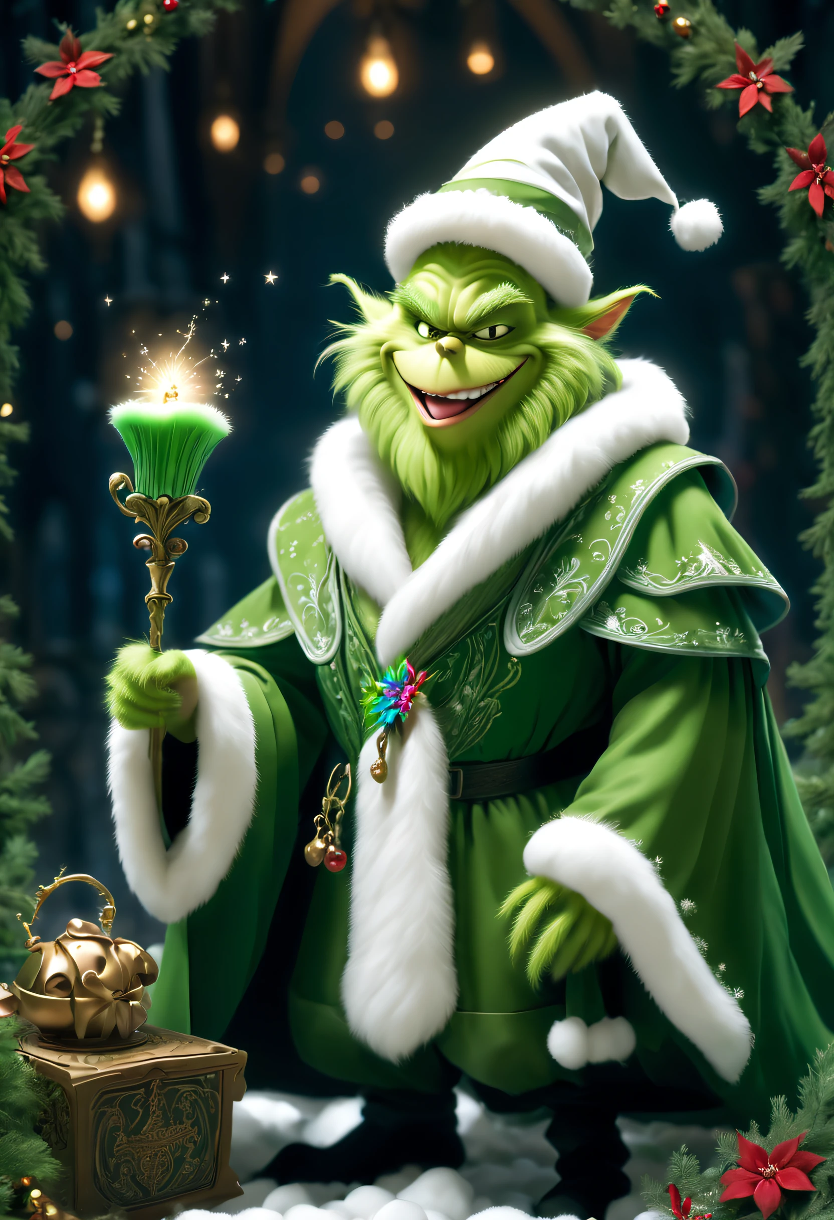 The Mystery of Hogwarts School of Witchcraft and Wizardry 1 The Grinch,wearing mage robes,wearing a pointed hat,Teach with a wand,Full of magic and aura,Christmas background,christmas flowers,vases,Fantastic and magical,with her mouth open,ssmile,furry art,Elokiti,Disney's Grinch,Disney style furry,ear floof,fluffy green fur,White beard,Fluffy,themoon