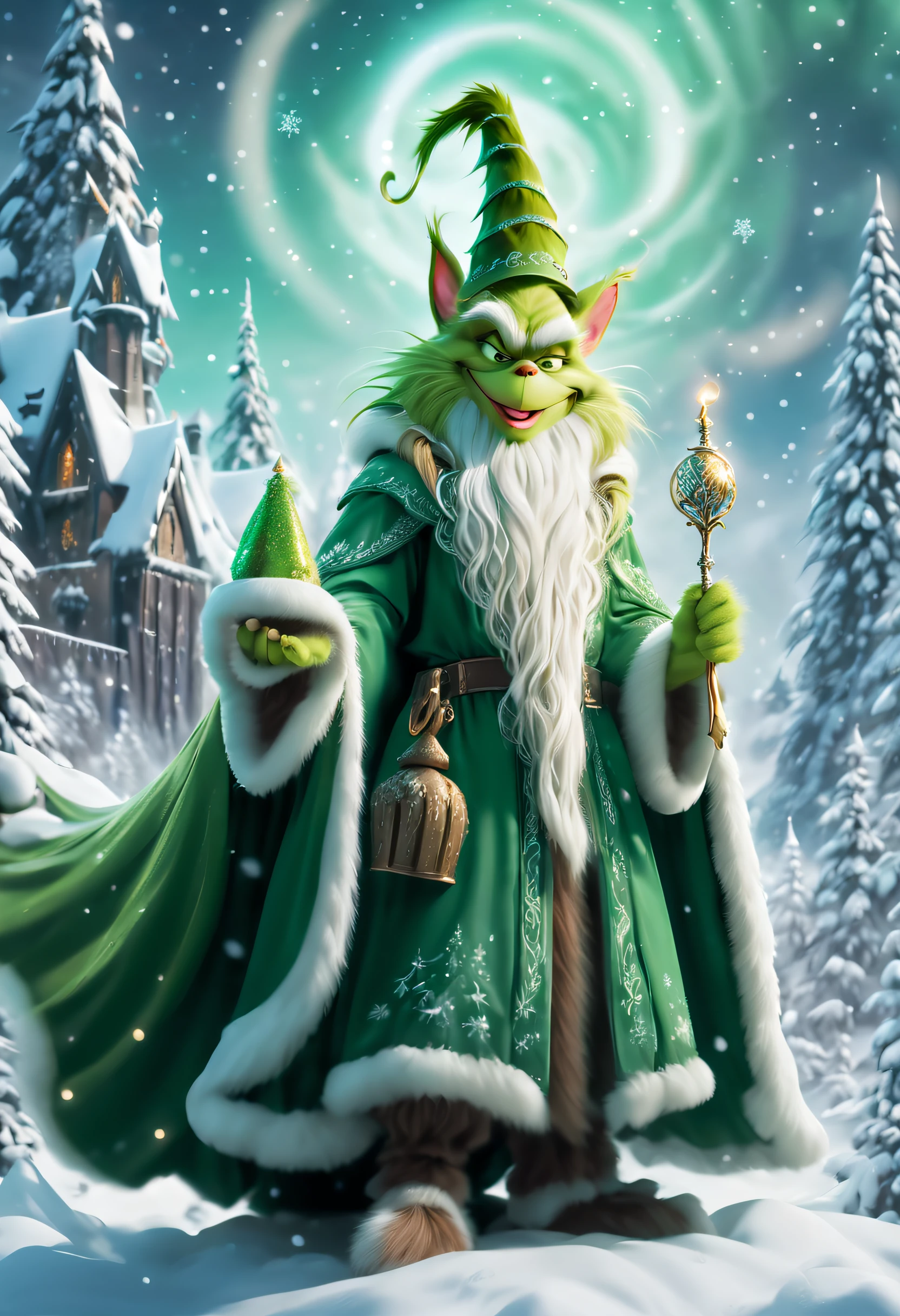 The Mystery of Hogwarts School of Witchcraft and Wizardry 1 The Grinch,wearing mage robes,wearing a pointed hat,Teach with a wand,Full of magic and aura,Christmas background,christmas flowers,vases,Fantastic and magical,with her mouth open,ssmile,furry art,Elokiti,Disney's Grinch,Disney style furry,ear floof,fluffy green fur,White beard,Fluffy,themoon