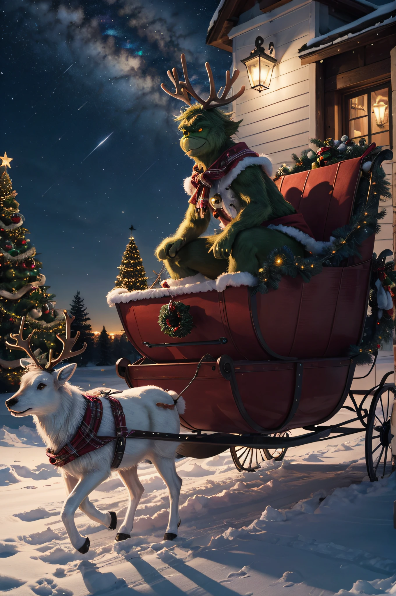 The Grinch in the Santa's Sleigh, reindeer, Christmas eve night sky, masterpiece, best quality