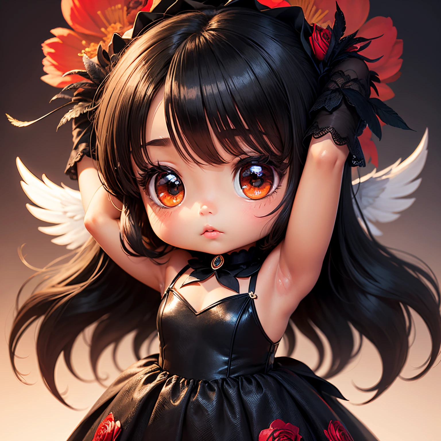 masterpiece、top-quality、ultra-detailliert、(Chibi Chara's Daughter:1.2)、(dark skin:1.2)、Luxurious black feather hair ornament、black evening dress、Pierre Joseph Redoute Crimson Rose Flower Wallpaper、silent、Standing
