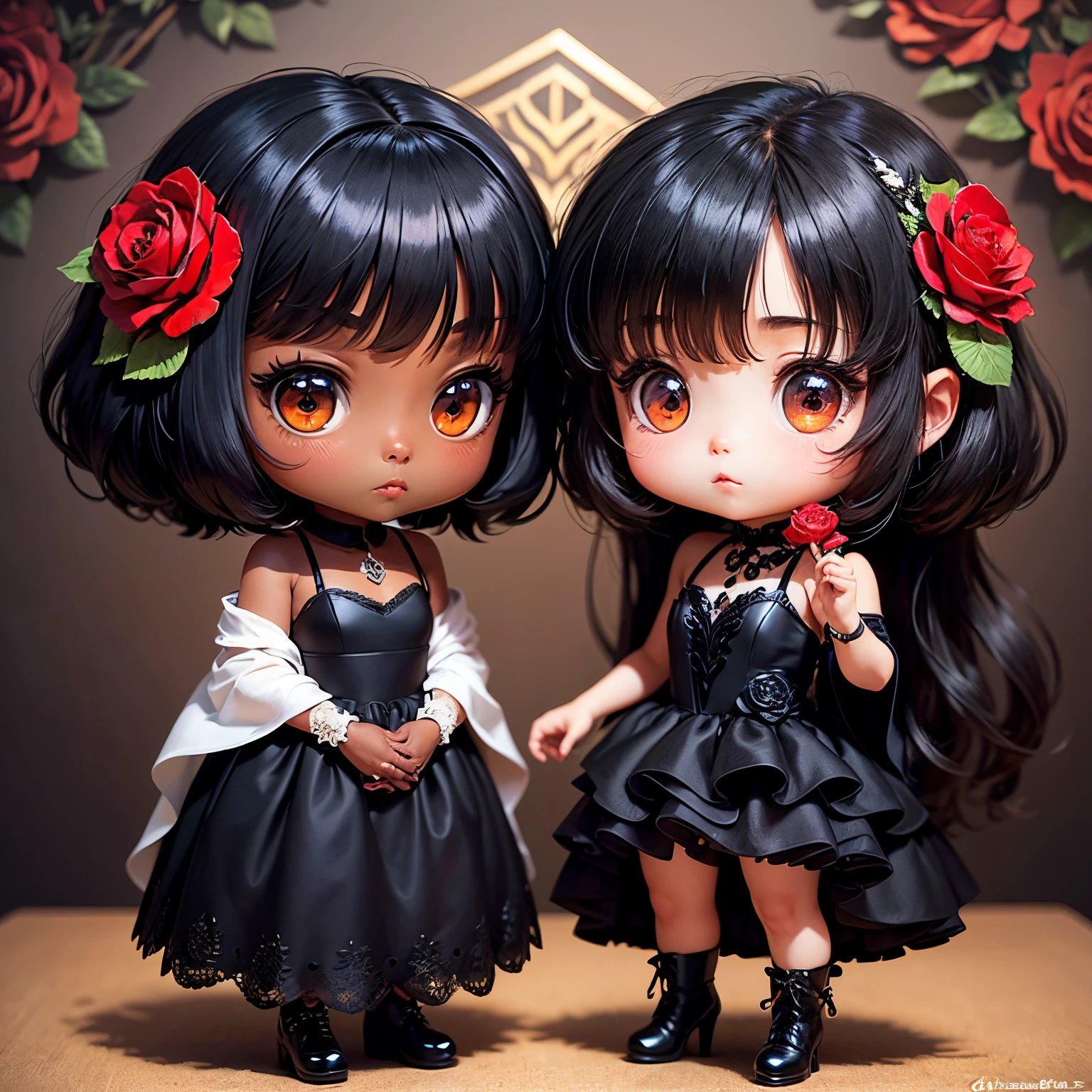 masterpiece、top-quality、ultra-detailliert、(Chibi Chara's Daughter:1.2)、(dark skin:1.2)、Luxurious black feather hair ornament、black evening dress、Pierre Joseph Redoute Crimson Rose Flower Wallpaper、silent、Standing