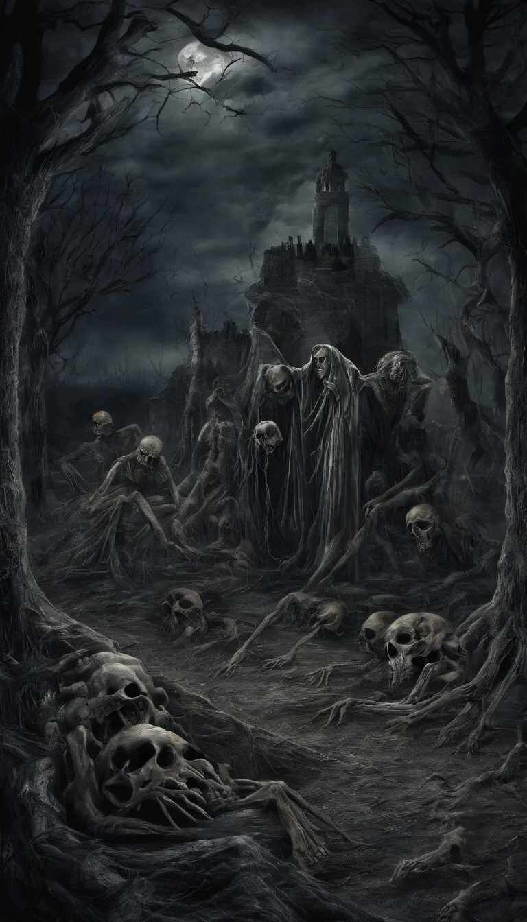 (nighttime scene), Horror, haunted, dead body, skulls, Images depicting hell, Necrotic bacteria, Image style painting, Realistic, Shadows, HD, High quality, Cinematic
