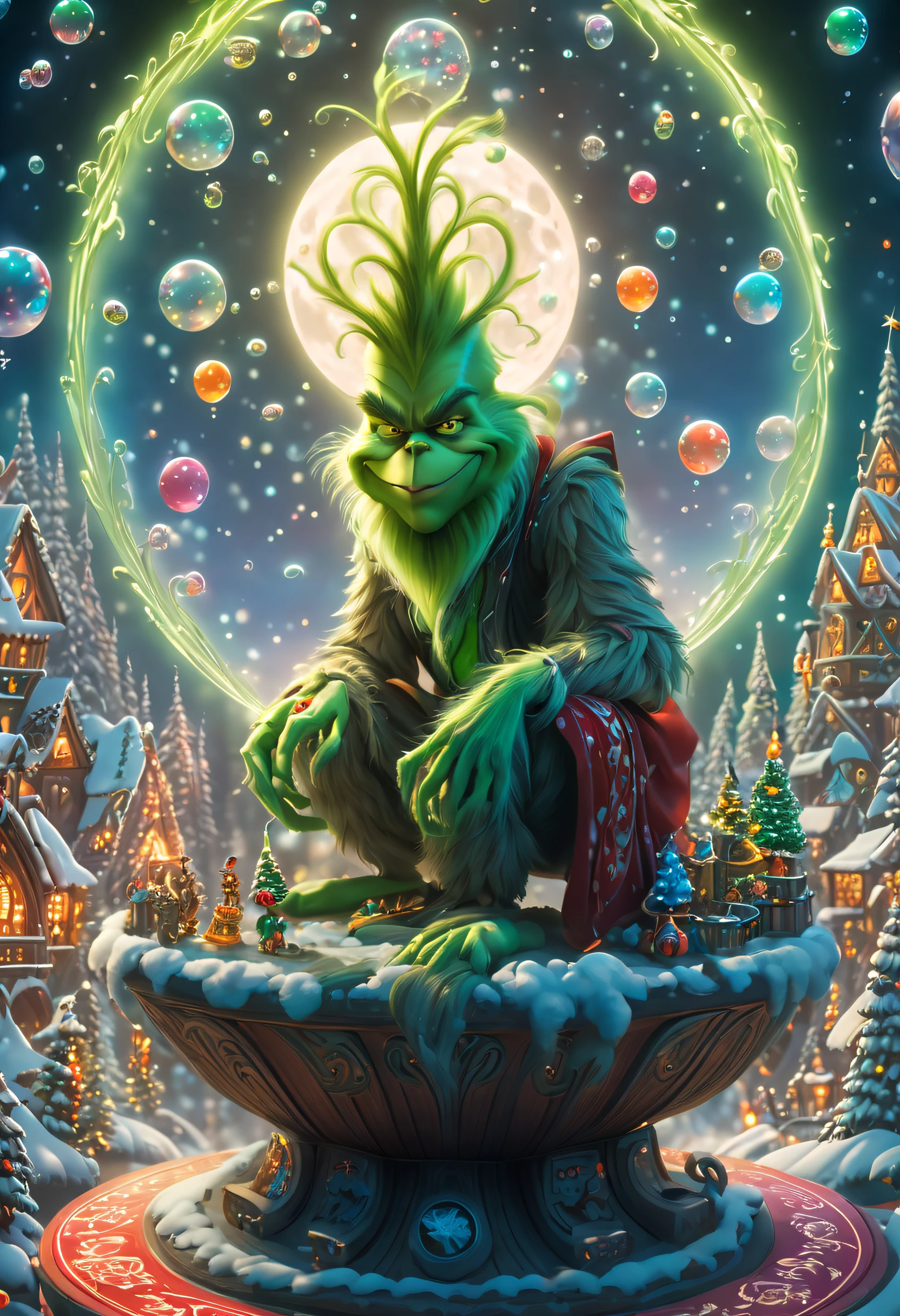 (tarot cards:1.5,rotary symmetrical),(tmasterpiece),(ultra - detailed:1.3),Best quality,(Sparkling:1.2),(christmas world),((The Grinch: 1.2,Evil smiled: 1.2)),(the moon is empty),The Grinch dressed as Santa Claus,Teach with a wand,natta,sky sky,moon full,without humans,fantasy magic style, and other decorations, A world of dreams, Cute cartoon design style, Bubble Mart, Vibrant colors,bright,1.4x realism,hyper HD,All shown in this beautiful scene,(The content is very detailed,Reasonable design,Clear lines,High- sharpness,tmasterpiece,offcial art,movie light effect,8K)