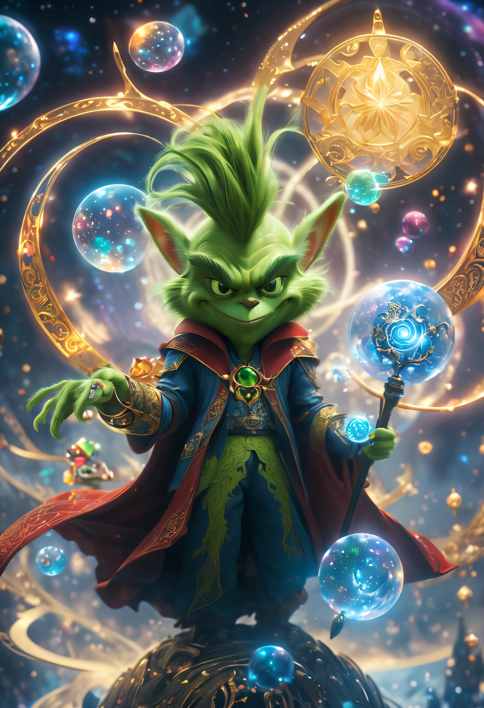 （tarot cards：1.5，rotary symmetrical），(tmasterpiece),（ultra - detailed：1.3），Best quality，（Sparkling:1.2），（Marvel Universe Doctor Strange World），((The Grinch: 1.2，Evil smiled: 1.2)),（the moon is empty)，The Grinch dressed as Doctor Strange，Teach with a wand，natta，sky sky，moon full，without humans，fantasy magic style, and other decorations, A world of dreams, Cute cartoon design style, Bubble Mart, Vibrant colors，bright，1.4x realism，hyper HD，All shown in this beautiful scene，（The content is very detailed，Reasonable design，Clear lines，High- sharpness，tmasterpiece，offcial art，movie light effect，8K）