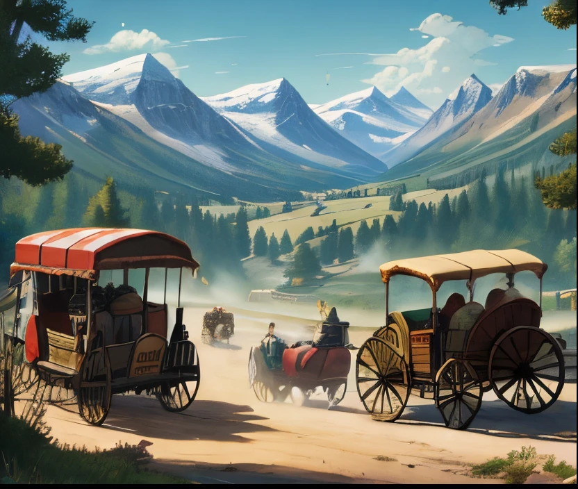 Game banner, a group of fat merchants on the road, next to the landscape, hanging money bags, next to a carriage carrying treasure chests, comic style