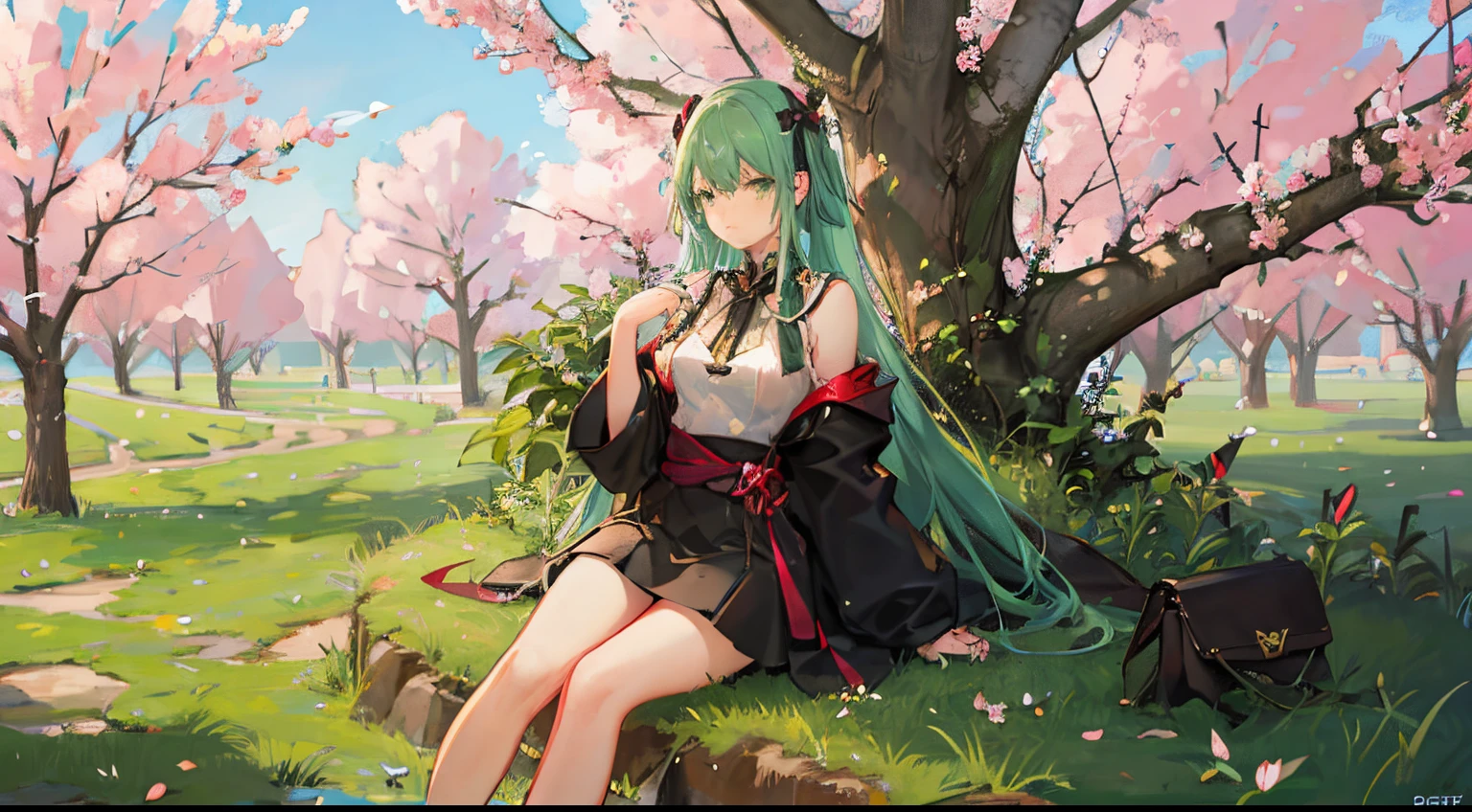 a girl, green hair, long hair with bangs, ribbon in hair, green eyes, sitting under a sakura tree, from afar