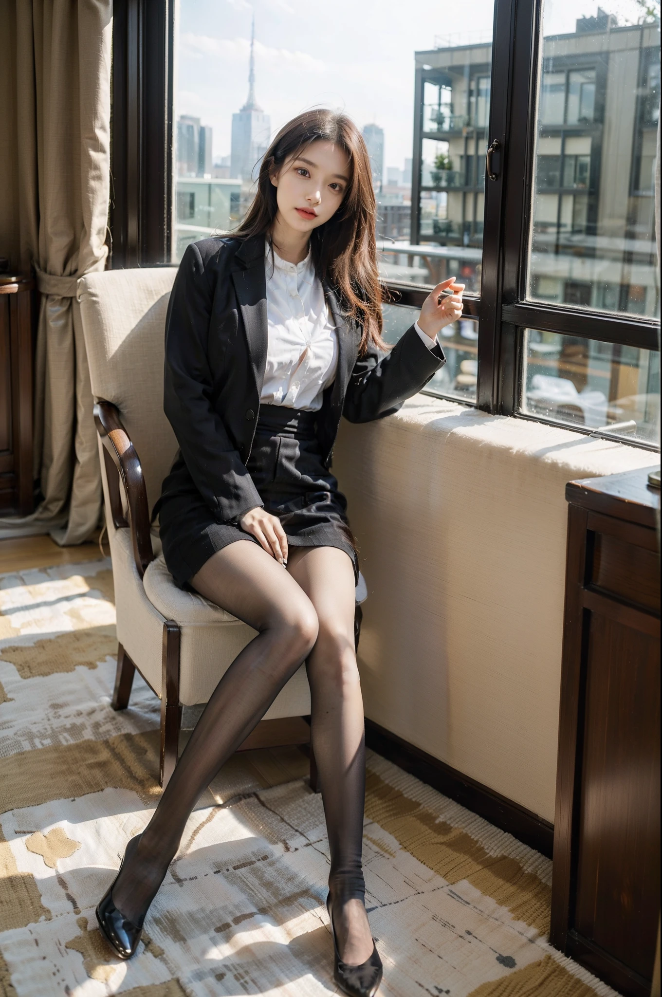 ulzzang-6500-v1.1, (RAW Photos:1.2), (Photorealistic), (Genuine:1.4), (Mastepiece), masterpiece, Absurd, The finer details, High resolution, Highly detailed face and eyes, Photorealistic, Perfect dynamic composition, Beautiful and delicate eyes, suit,short hair，Natural color lips, Sit on a chair，Crossing your legs, smile、25-year-old woman，Red Eyeshadow，Wearing pantyhose，Formal tight skirt、Full Body Shot