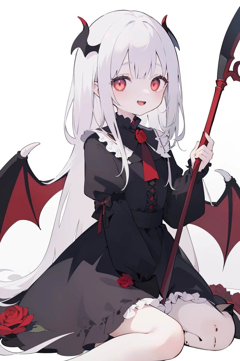 (8K、Masterpiece、masutepiece、​masterpiece)Vampires、Black dress、Cool dresses、Red Rose、roses、Background Simple、demon realm、cute little、a cool、(1girl in、the scythe、Diabolical、pluma)Silvery hair、Pale flesh-colored skin、Golden eyes、Cat-like pupils、a smile、There is something crazy about that smile、((((1girl in))))(Chibi)(Diabolical、Devil's Wings)