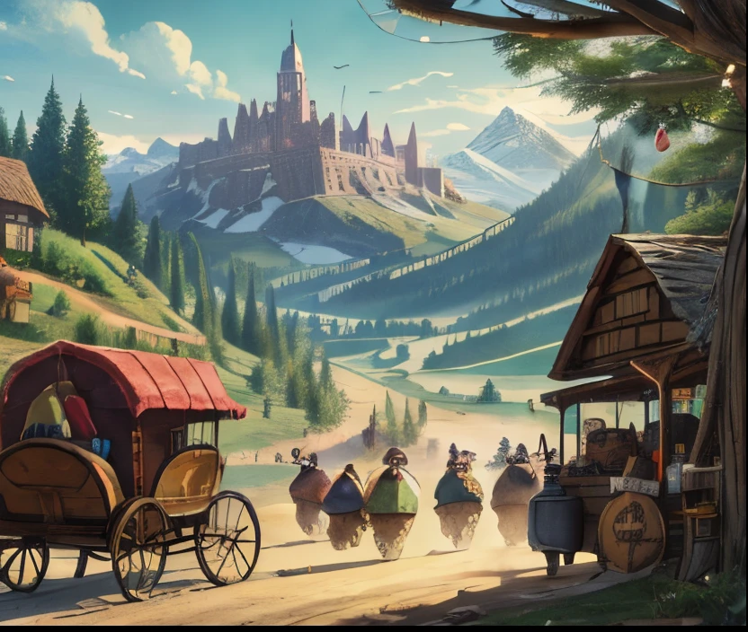 Game banner, a group of fat merchants on the road, next to the landscape, hanging money bags, next to a carriage carrying treasure chests, comic style