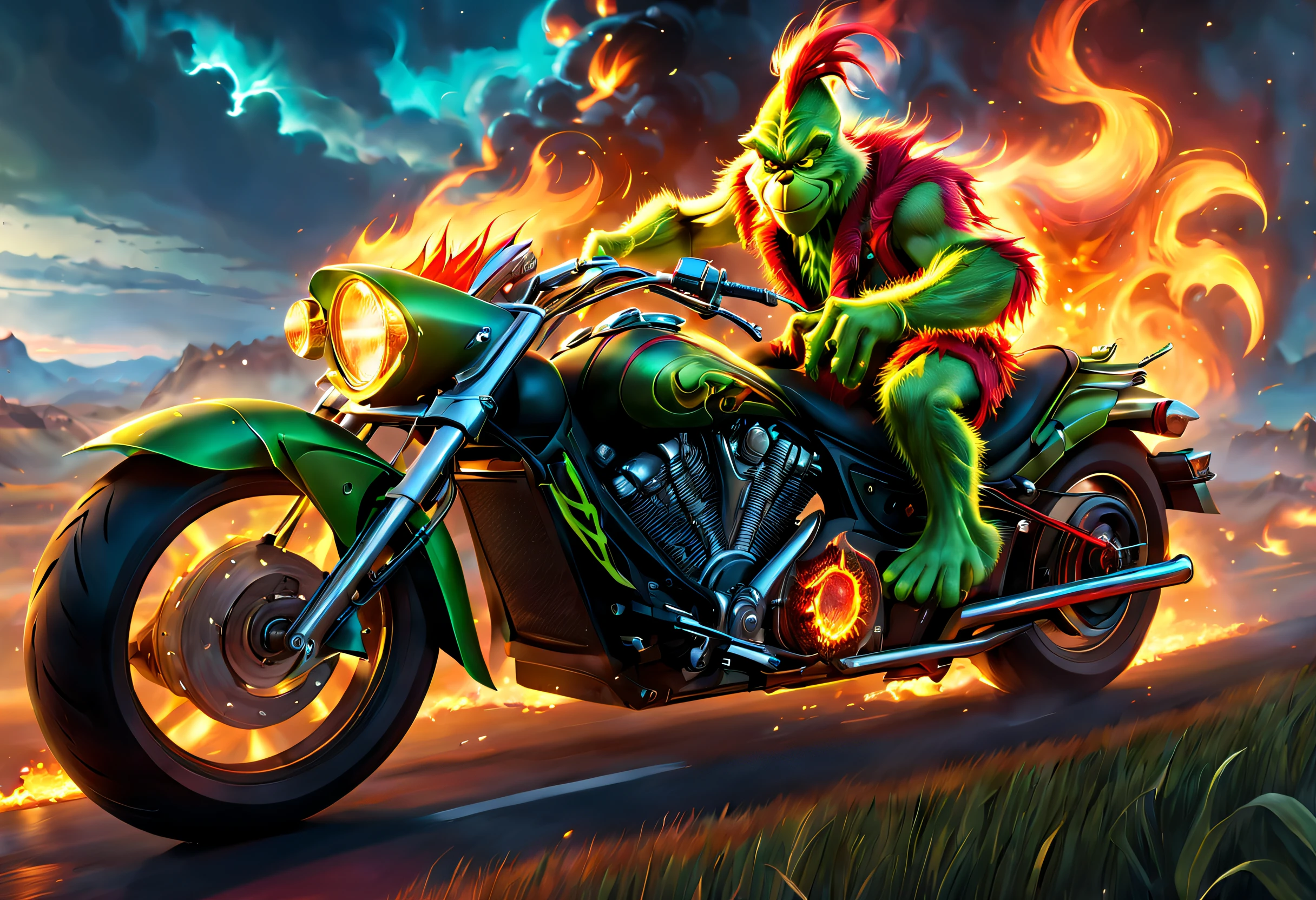 offcial art， Unity 8k壁纸， ultra - detailed， Beautiful and beautiful， tmasterpiece， Best quality， 1.4x more realism，Christmas dream night，The Grinch biker，The Grinch has fire in his eyes，Burning chains are wrapped around its body，fire element，composed of fire elements，The Grinch rides a black futuristic motorcycle，Galloping across the plains，The whole vehicle is composed of elements with fire elements，riding motorcycles，cyberpunk city landscape，Epic picture