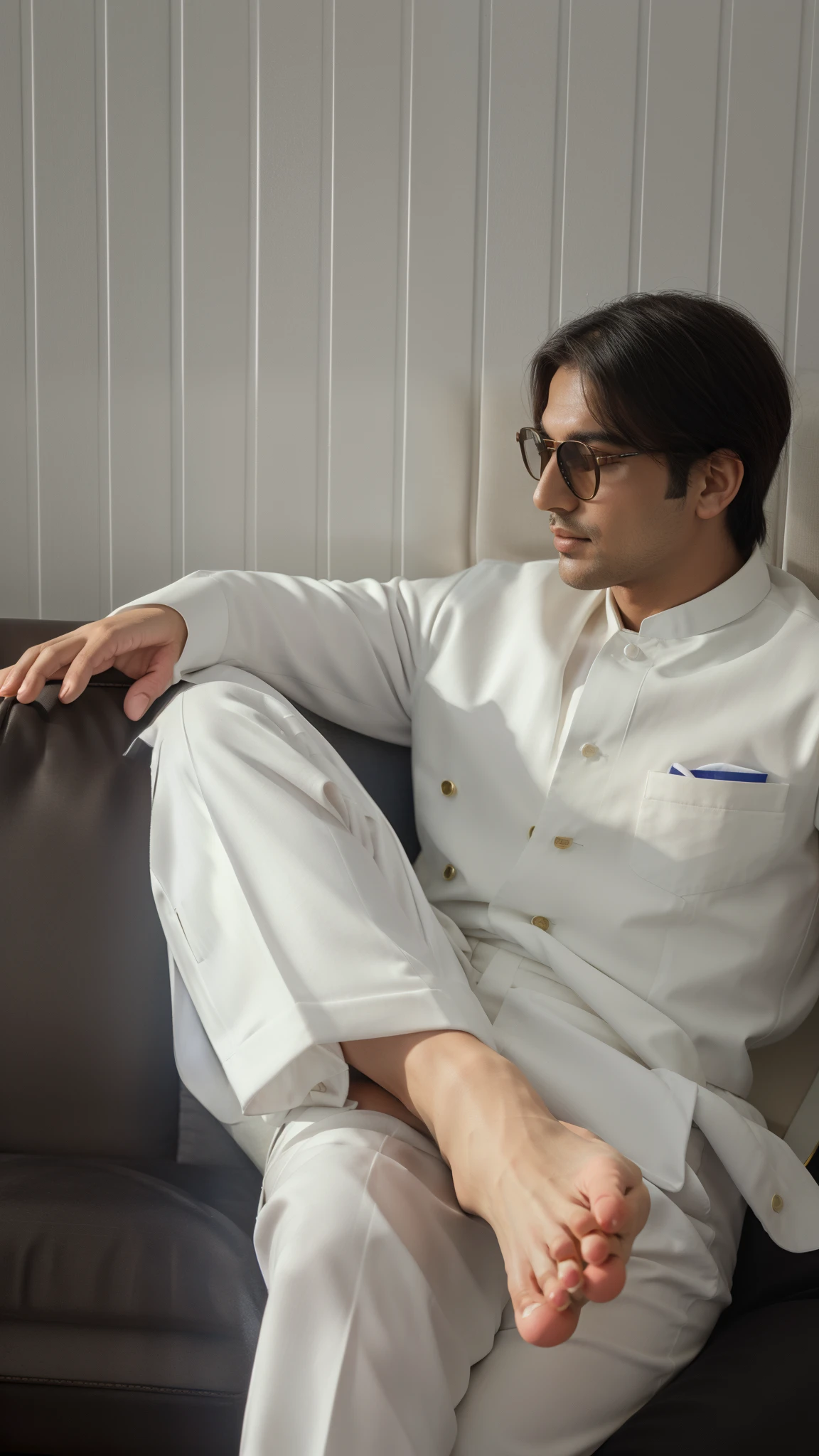 araffe sitting on a couch with his feet up and his feet crossed, wearing white formal wear, wearing white suit and glasses, wearing futuristic white suit, wearing white suit, inspired by Osman Hamdi Bey, white suit, wearing white clothes, dressed in 2020s menswear, in white clothes, in the sun, dressed thobe, relaxing after a hard day, in office, in sofa, tiles wallpaper