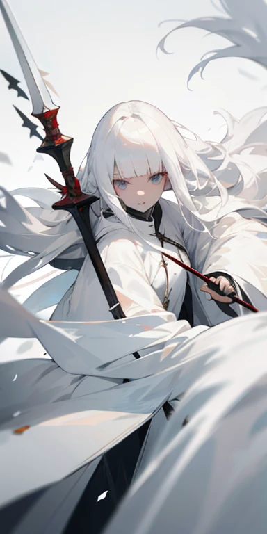 White hair, Fair skin, Albino women, Bangs, Long hair, White clothes, coat, spear, holding weapons