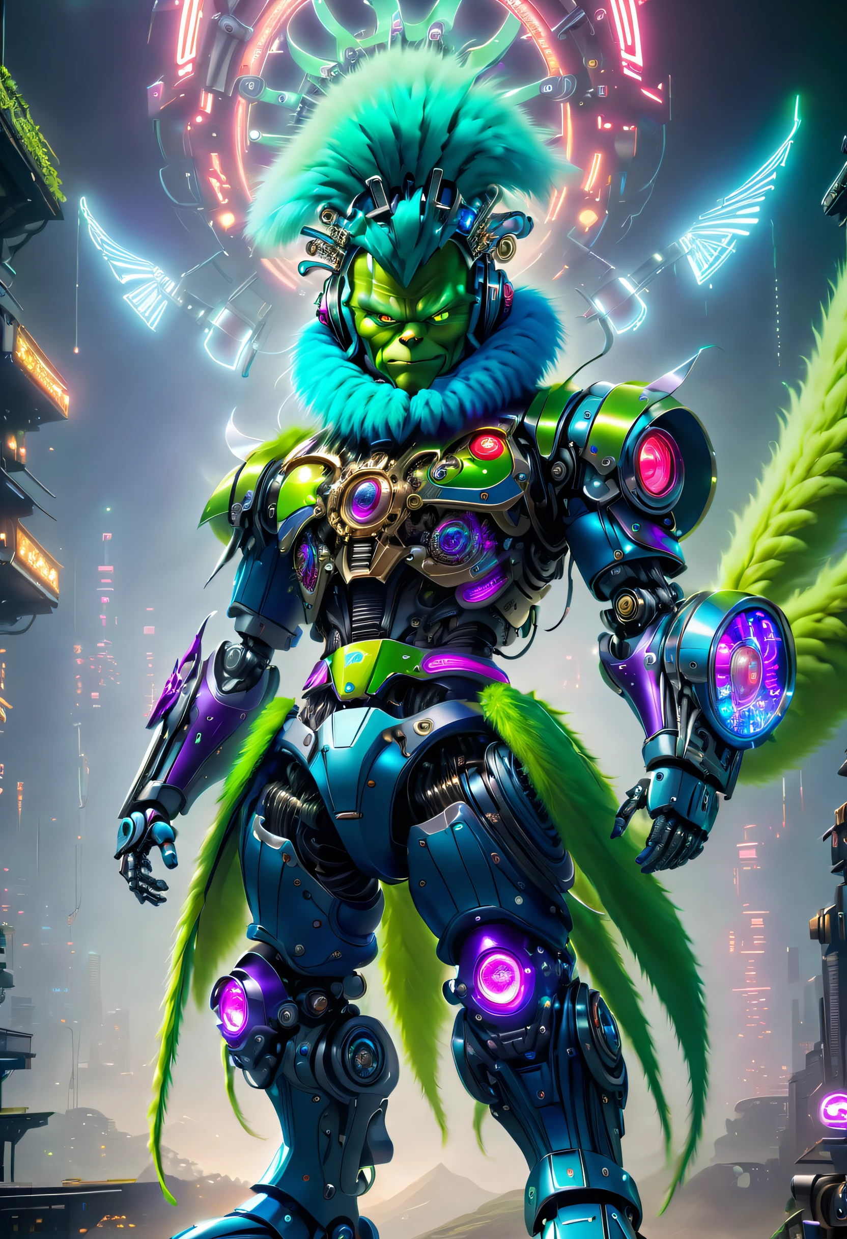 (Best quality at best, 8K,A high resolution,tmasterpiece:1.2),ultra - detailed), A futuristic,(The Grinch: 1.2), full body shot of, Colorful neon lights, High-tech mechanical parts,Metal hats are cool,Metal legs,Bionic eye, Detailed green fur design, suspended in mid-air,Electric blue and bright purple,Vivid glowing eyes,Reflective metal surface,The environment is gloomy,dynamicposes,The presence of majesty,Technological progress,Interlocking mechanical gears,Dynamic and stylish design,motion blur effect,Meticulous craftsmanship,sci-fi vibes,Streamlined aerodynamic shape,Laser scanning pattern,holographic projections,Light-emitting circuit lines,unforgettably beautiful,otherworldly precision,Advanced sensors,complex algorithm,Ominous and mysterious atmosphere,electric sparks,Shiny chrome plating,Propulsion systems of the future, BJ_Gundam