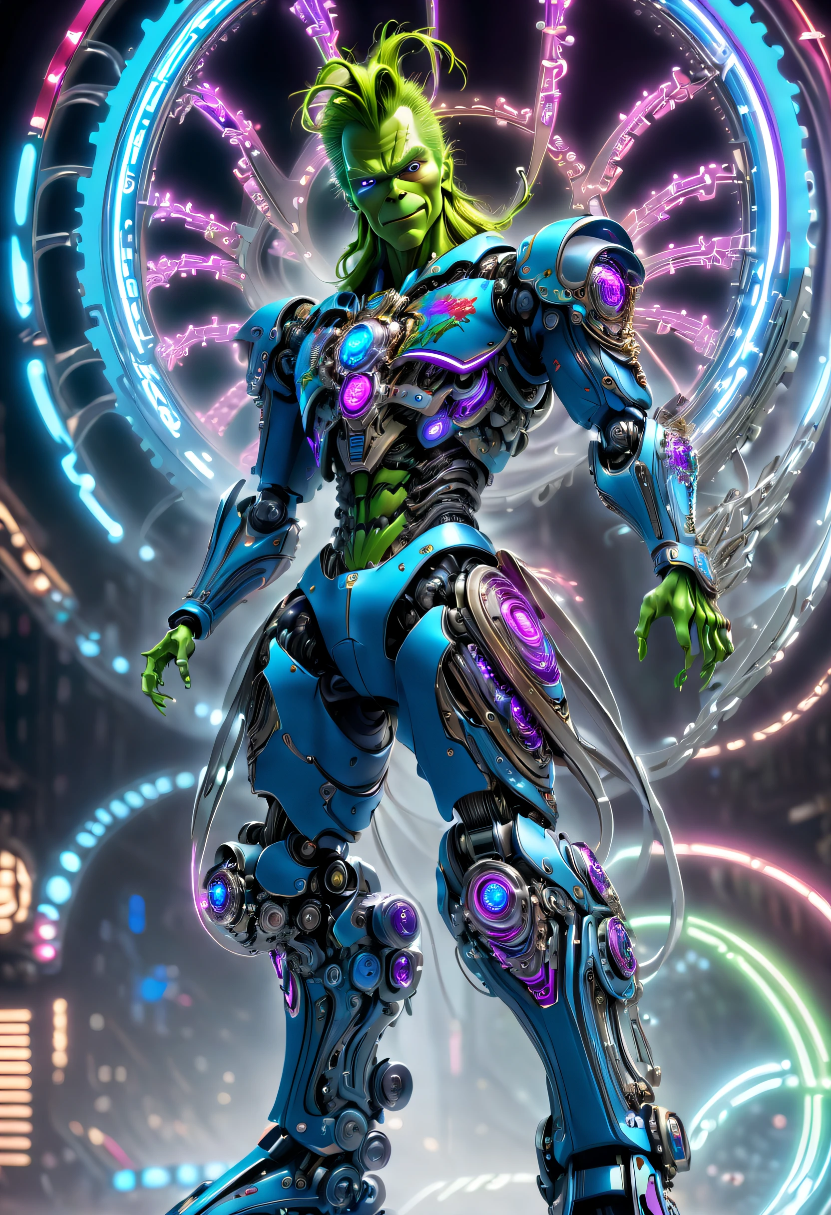 (Best quality at best, 8K,A high resolution,tmasterpiece:1.2),ultra - detailed), A futuristic,(The Grinch: 1.1), (full body shot of: 1.5), Colorful neon lights, High-tech mechanical parts, Metal legs, Detailed facial design, suspended in mid-air,Electric blue and bright purple,Vivid glowing eyes,Reflective metal surface,The environment is gloomy,dynamicposes,The presence of majesty,Technological progress,Interlocking mechanical gears,Dynamic and stylish design,motion blur effect,Meticulous craftsmanship,sci-fi vibes,Streamlined aerodynamic shape,Laser scanning pattern,holographic projections,Light-emitting circuit lines,unforgettably beautiful,otherworldly precision,Advanced sensors,complex algorithm,Ominous and mysterious atmosphere,electric sparks,Shiny chrome plating,Propulsion systems of the future, BJ_Gundam