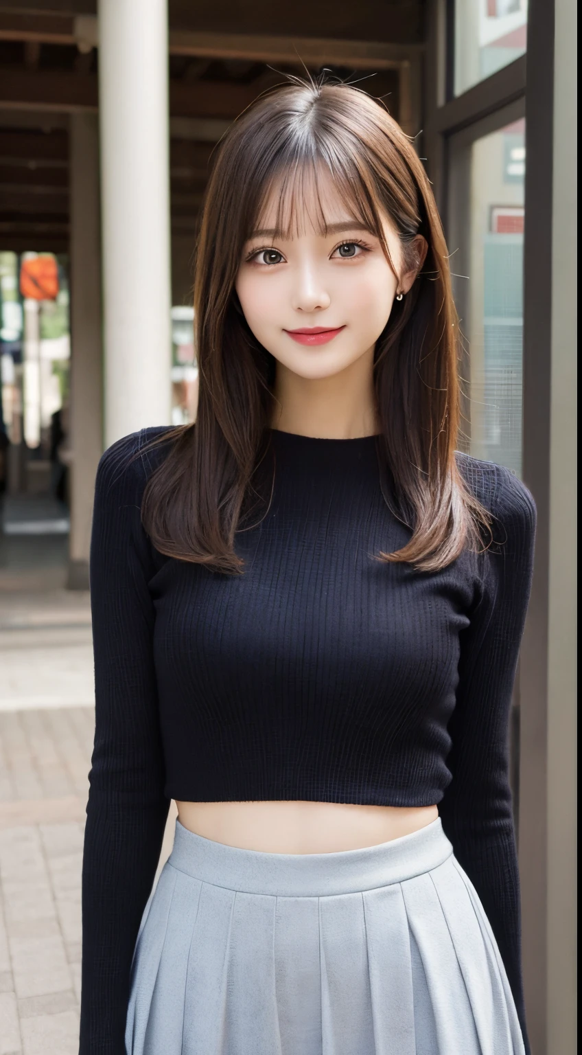 masutepiece, Best Quality, Illustration, Ultra-detailed, finely detail, hight resolution, 8K Wallpaper, Perfect dynamic composition, Beautiful detailed eyes, long sleeve knit and long skirt,Medium Hair,Small breasts natural color lip, Randomly sexy poses,Smile,Asakusa、20 years girl、Cute、Sexy shot looking at camera