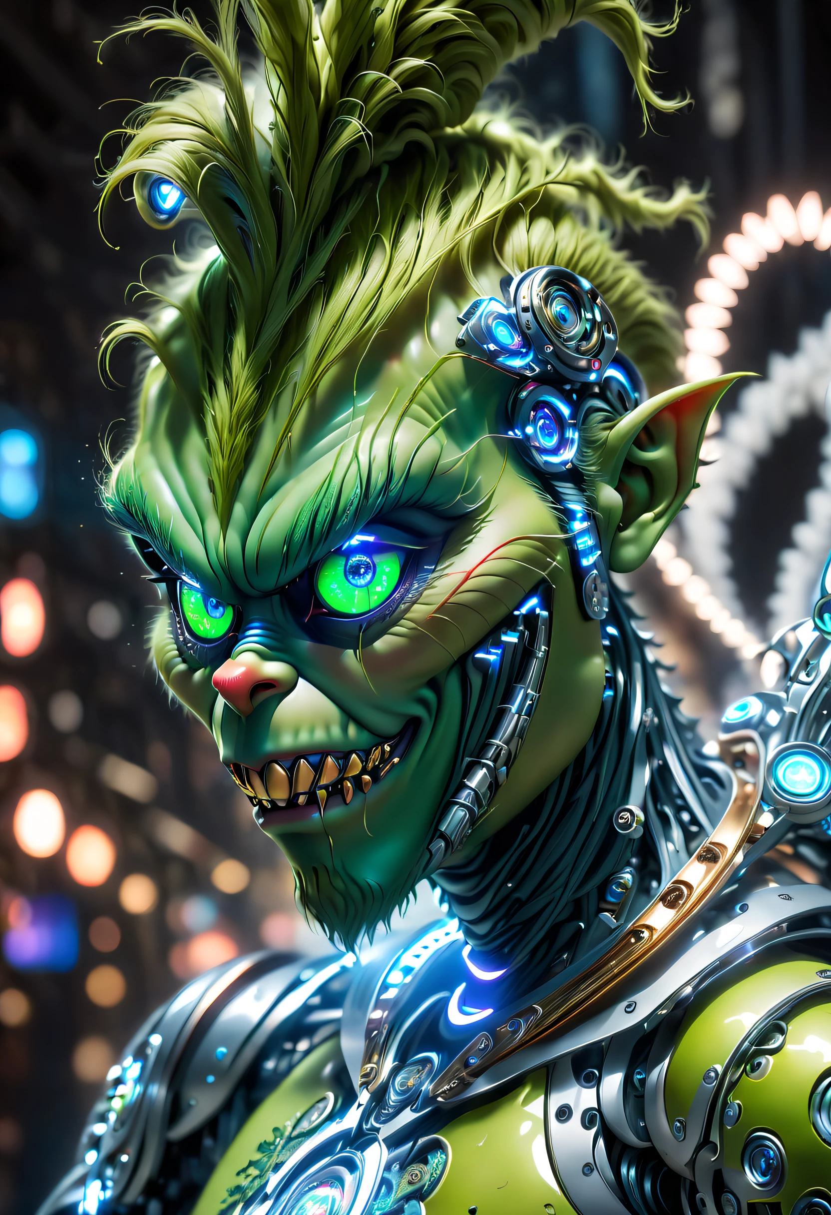 (Best quality, 8K, high resolution, masterpiece: 1.2), ultra-detailed, futuristic (The Grinch: 1.3), (mid-range, full-body shot: 1.5), multicolored neon lights, high-tech mechanical parts, metal legs, detailed face design, hovering in the air, electric green and bright blue, dynamic glowing eyes, reflective metal surface, dark environment, dynamic posture, evil presence, technological progress, interlocked mechanical gears, trendy and stylish design, motion blur effect, detailed craftsmanship, science fiction atmosphere, sleek aerodynamic shape, laser scanning pattern, holographic projection, LED light trail, beautiful and unforgettable, advanced sensors, complex algorithms, ominous and mysterious atmosphere, electrical sparks, shiny chrome, future propulsion system, BJ_Gundam