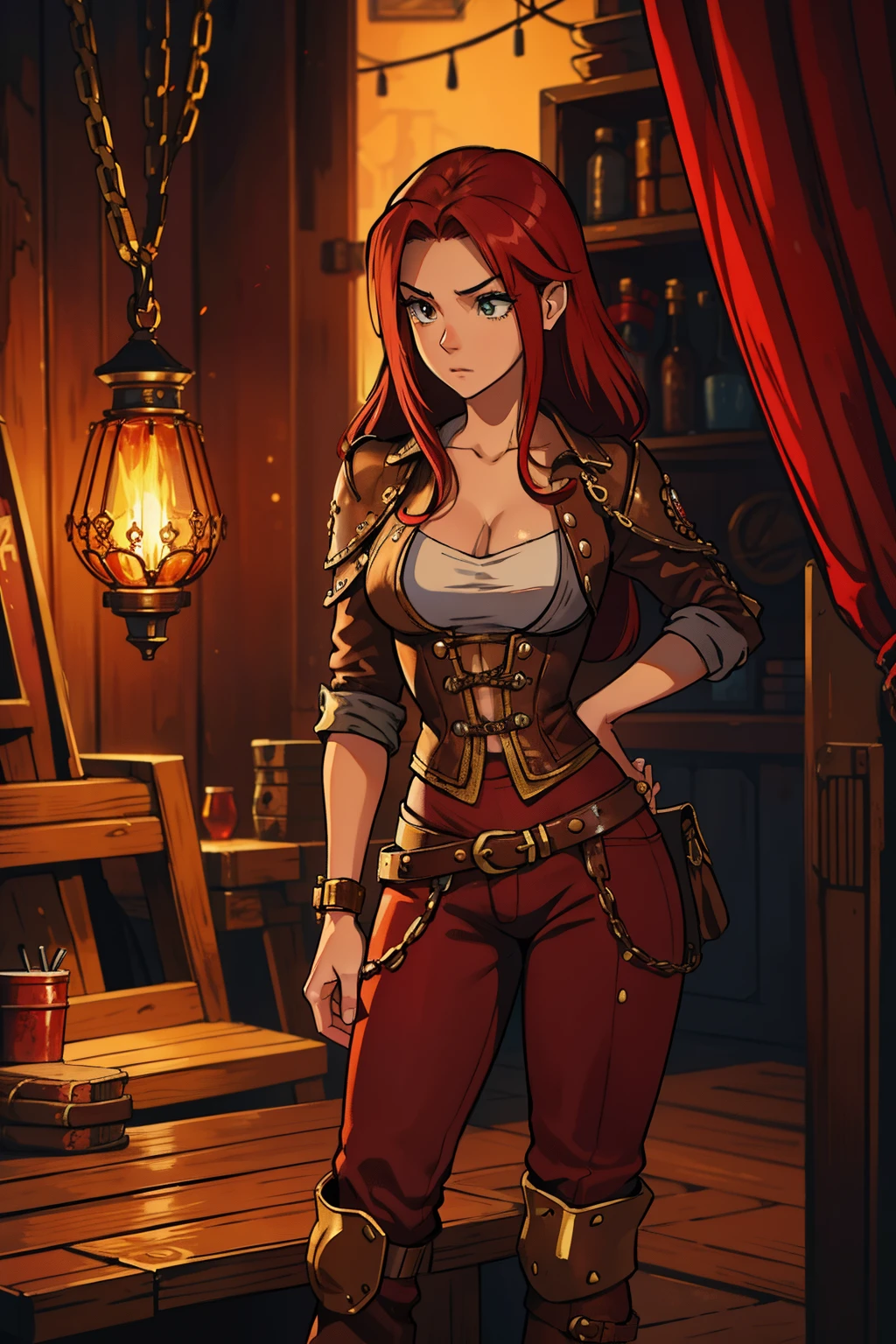 Erza Scarlet is one of the main characters in the series. The young woman with scarlet hair and brown eyes is described by Lucy Heartfilia herself as an amazing woman, very strict and who does not admit when others make mistakes. She is a slender figure with well-drawn curves. Seu traje mais comum consiste em un espartilho feito sob medida, A pair of red pants, Botas pretas e brincos em forma de diamante, in high resolution, circunstanciado, uma arte para um Jogo de rpg ((melhor qualidade)) ((olhos bonitos)) ((Steampunk)) ((sozinho))