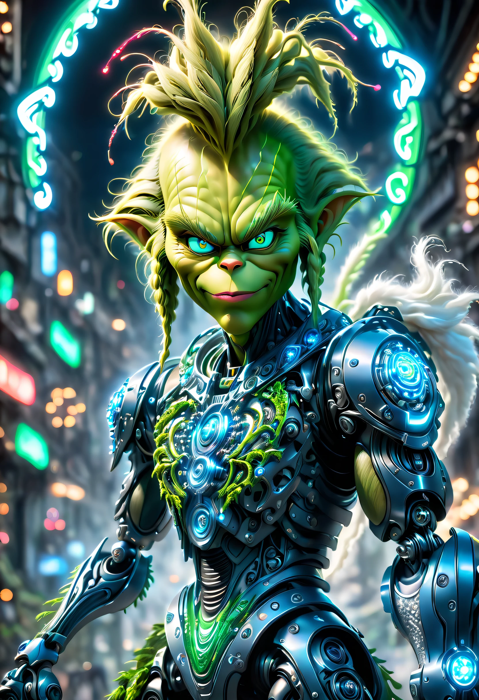 (Best quality, 8K, high resolution, masterpiece: 1.2), ultra-detailed, futuristic (The Grinch: 1.3), (mid-range, full-body shot: 1.5), multicolored neon lights, high-tech mechanical parts, metal legs, detailed face design, hovering in the air, electric green and bright blue, dynamic glowing eyes, reflective metal surface, dark environment, dynamic posture, evil presence, technological progress, interlocked mechanical gears, trendy and stylish design, motion blur effect, detailed craftsmanship, science fiction atmosphere, sleek aerodynamic shape, laser scanning pattern, holographic projection, LED light trail, beautiful and unforgettable, advanced sensors, complex algorithms, ominous and mysterious atmosphere, electrical sparks, shiny chrome, future propulsion system, BJ_Gundam