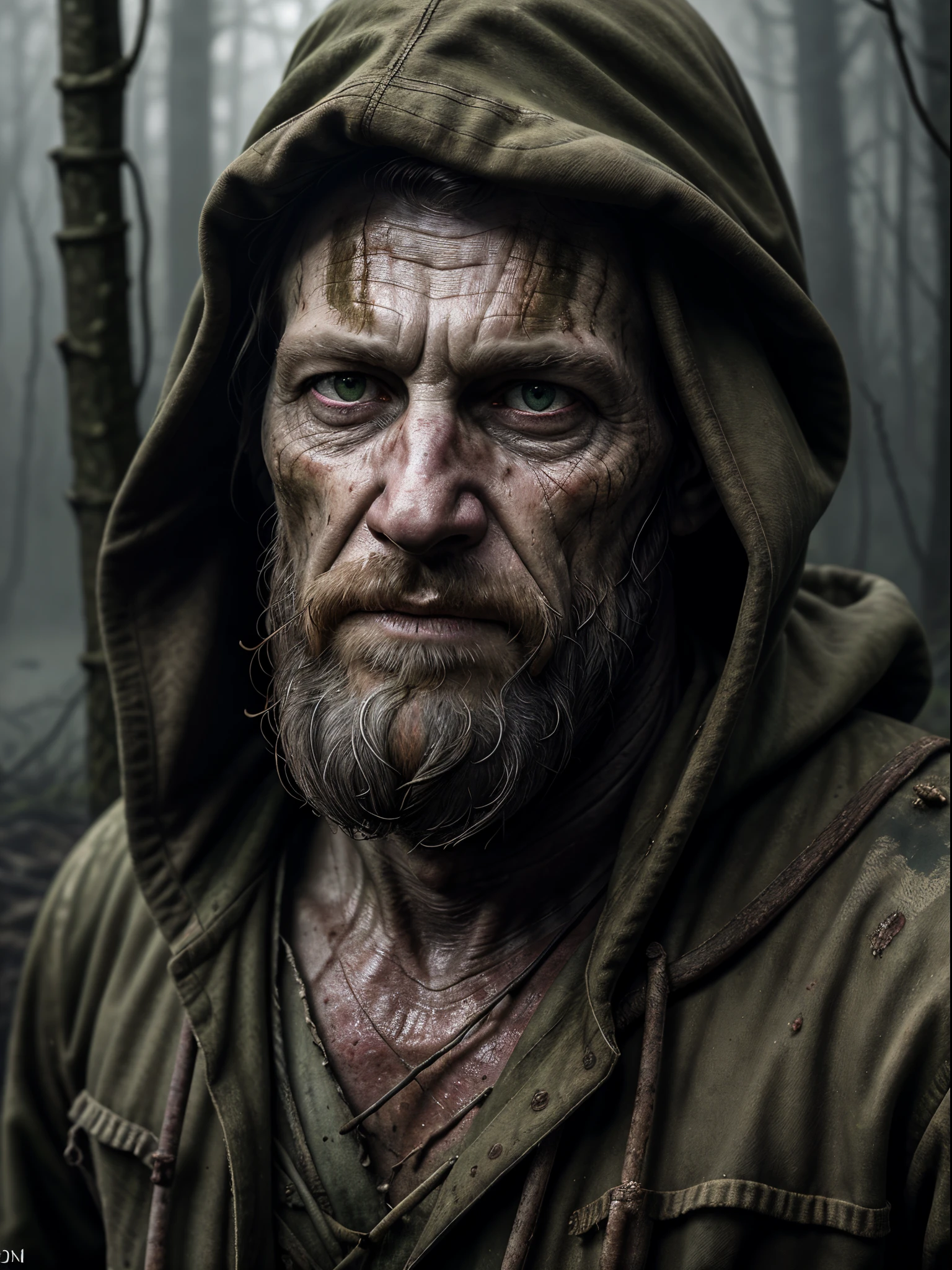 (Realistic:1.5), photorealistic, RAW photo, analog photo style, depth of field, ultra detailed portrait of Swamp Dictor, detailed frown face, dressed in dirty tattered military clothing with hood, 40 years old, he holding a long wooden staff in hand and looking on mutant dog nearly his foots, they are surrounded by a gloomy, foggy hollow, from which chilling sounds can be heard, dinamic pose, atmosphere from "S.T.A.L.K.E.R", faded cinematic colors