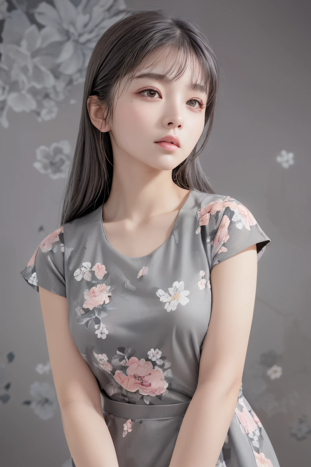 (((gray floral background:1.3)))、Best Quality, masutepiece, High resolution, (((1girl in))), sixteen years old,(((Eyes are gray:1.3)))、Gray dress、((gray shirt:1.3、Grey Block Dress)), Tindall Effect, Realistic, Shadow Studio,Ultramarine Lighting, dual-tone lighting, (High Detail Skins: 1.2)、Pale colored lighting、Dark lighting、 Digital SLR, Photo, High resolution, 4K, 8K, Background blur,Fade out beautifully、gray flower world