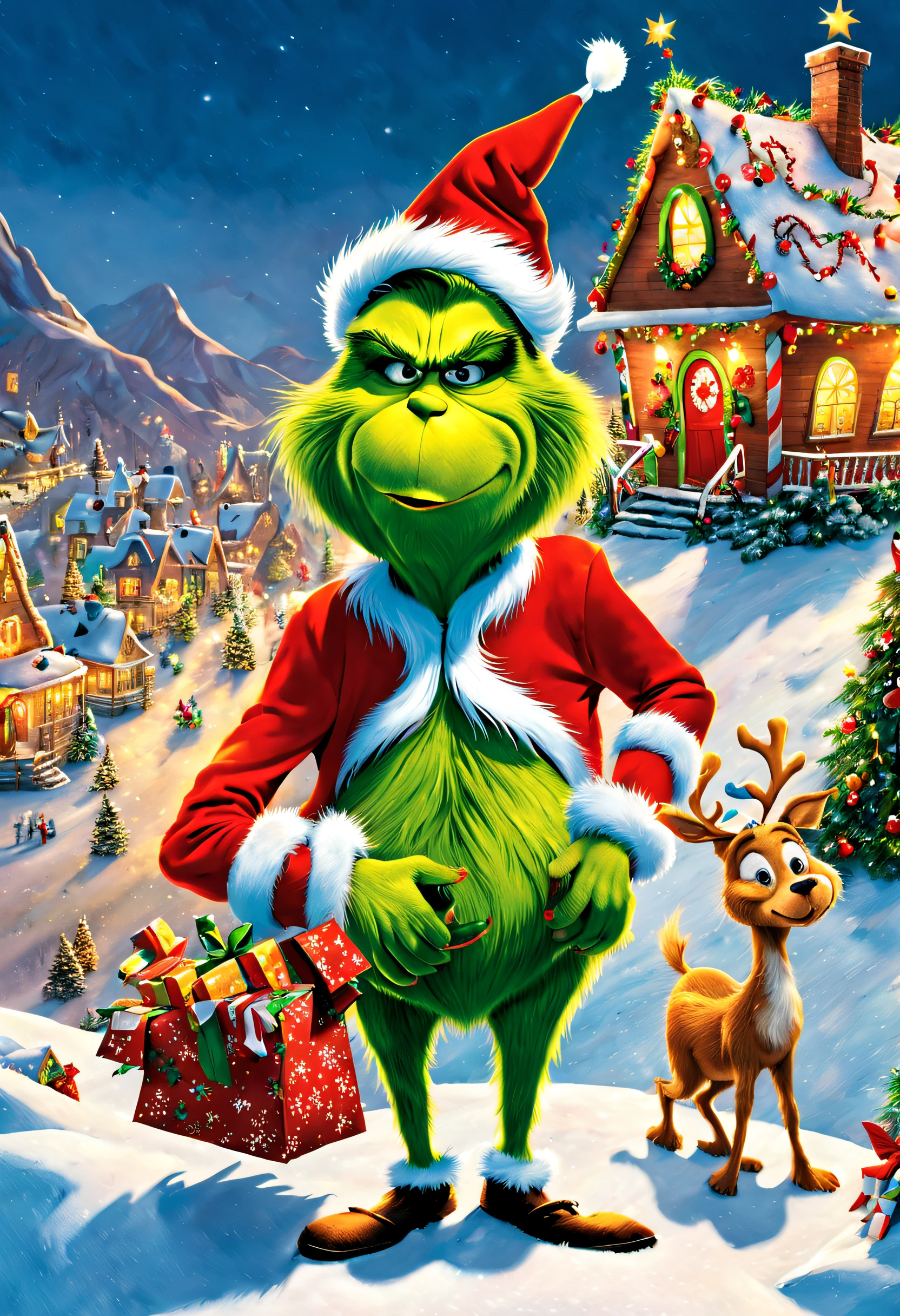 A lonely guy known as "The Grinch" lives on the top of a mountain. At the foot of the mountain is a town as beautiful as gingerbread, Whoville.As the town of Whoville prepares for Christmas, the Grinch plans to ruin the holiday for everyone.The Grinch, who hates Christmas due to his childhood shadow, hatches a plan to pretend to be Santa Claus along with his dog, Max, and an overweight reindeer named Fred, and steal all the goods in the town. Christmas gifts, food and various decorations.