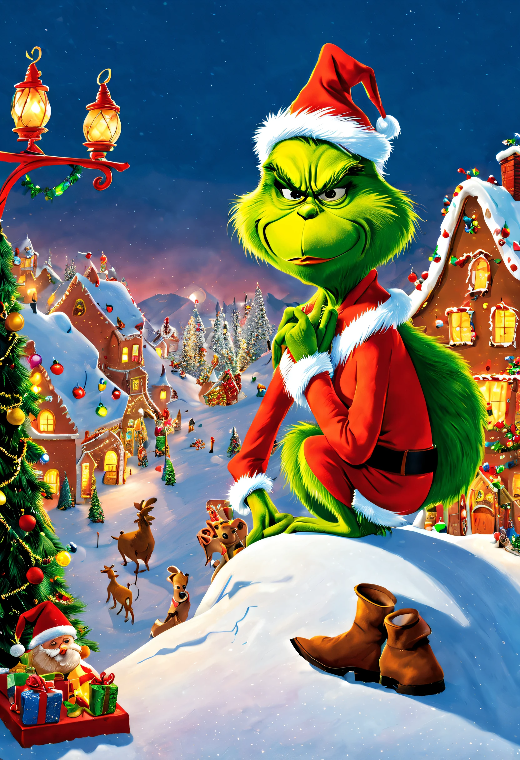 A lonely guy known as "The Grinch" lives on the top of a mountain. At the foot of the mountain is a town as beautiful as gingerbread, Whoville.As the town of Whoville prepares for Christmas, the Grinch plans to ruin the holiday for everyone.The Grinch, who hates Christmas due to his childhood shadow, hatches a plan to pretend to be Santa Claus along with his dog, Max, and an overweight reindeer named Fred, and steal all the goods in the town. Christmas gifts, food and various decorations.