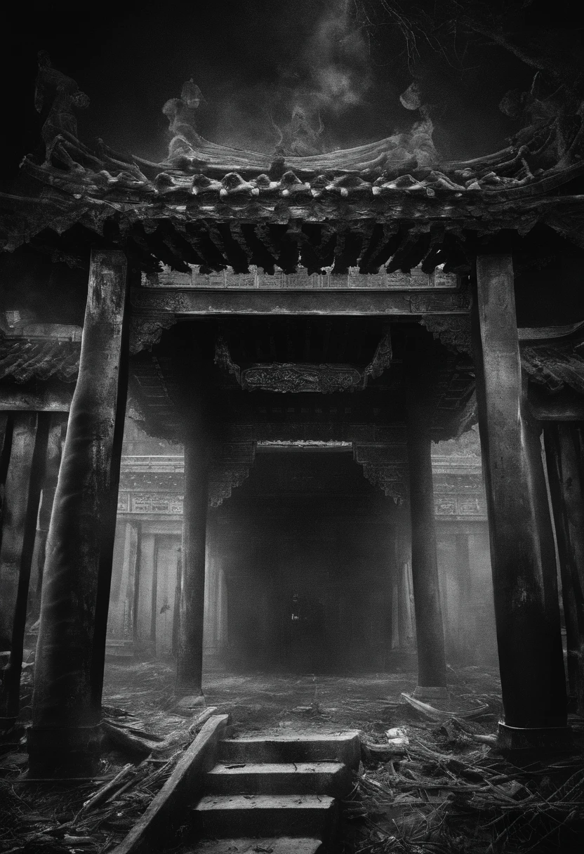karo, China，zombi, unholy, Teeth become longer, Black and white style， heavy grain, High detail, Cinematic composition, Dramaticlight, deformation, super wide shot, Hyperrealistic，photorealestic