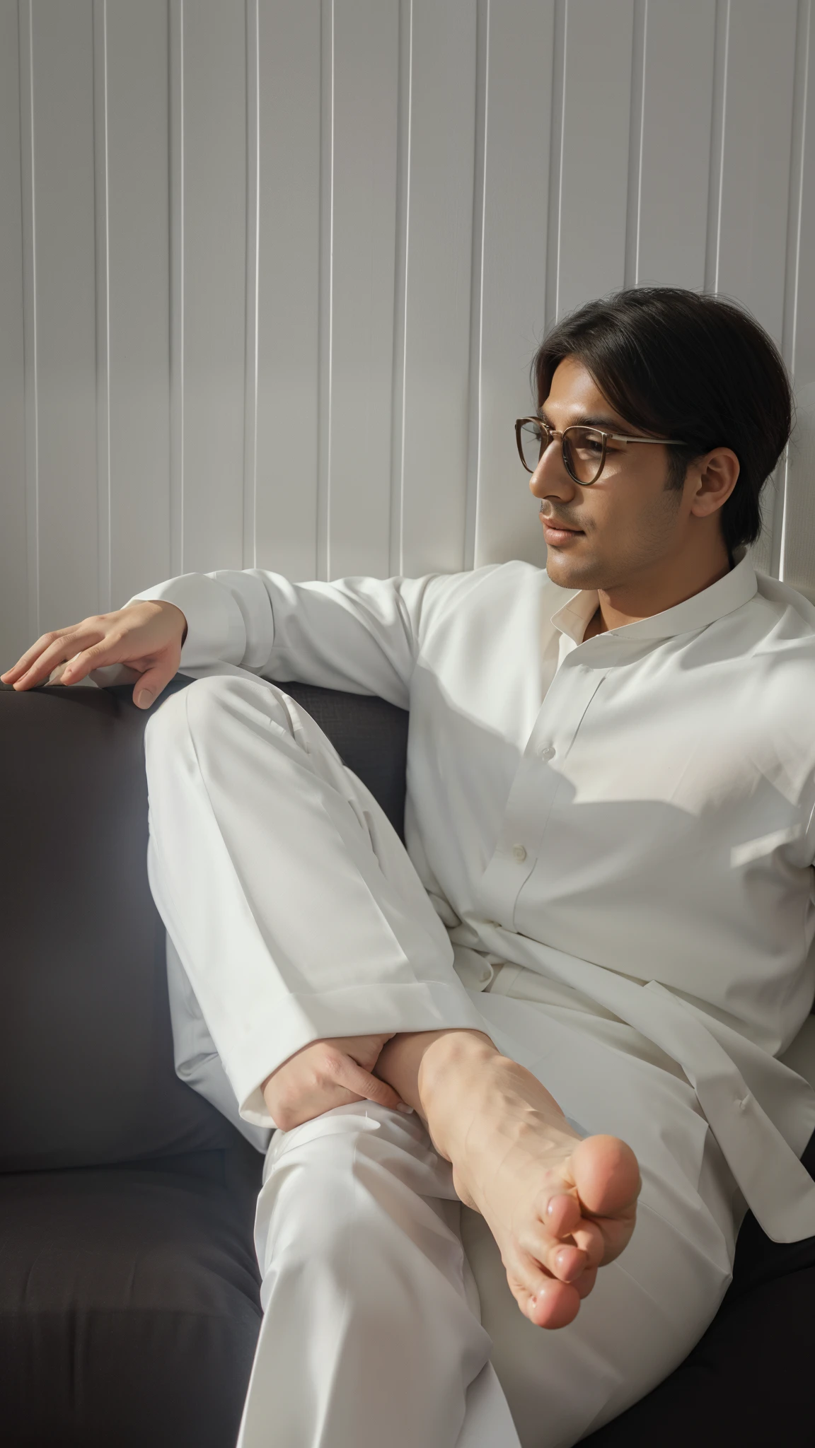 araffe sitting on a couch with his feet up and his feet crossed, wearing white formal wear, wearing white suit and glasses, wearing futuristic white suit, wearing white suit, inspired by Osman Hamdi Bey, white suit, wearing white clothes, dressed in 2020s menswear, in white clothes, in the sun, dressed thobe, relaxing after a hard day, in office, in sofa, tiles wallpaper