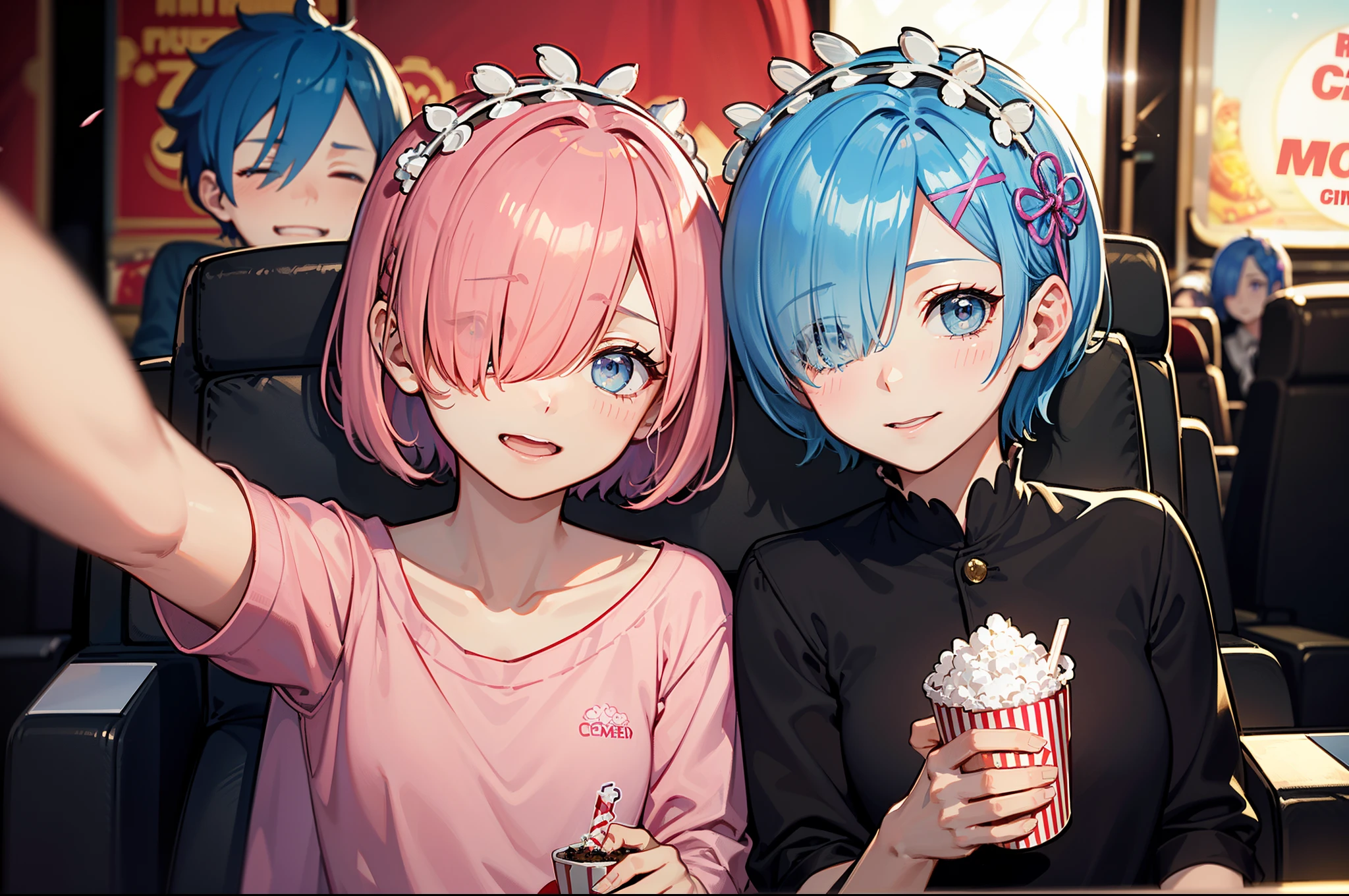 masterpiece, (2girls), couple, ((ram \(re:zero\), (pink hair), (hair tie)), (remrin:0.9), ramchi, (rem_re_zero, (light blue hair), (hair tie)), (short hair:1.5), (hair over one eye:1.3):1.4), (holdingpocorn:1.5)), boobs, (joyful face expression:1.5), (detailed body, detailed hands, detailed faces:1.3), (selfie:1.45), (cinema interior, seating, watching cinema:1.5)