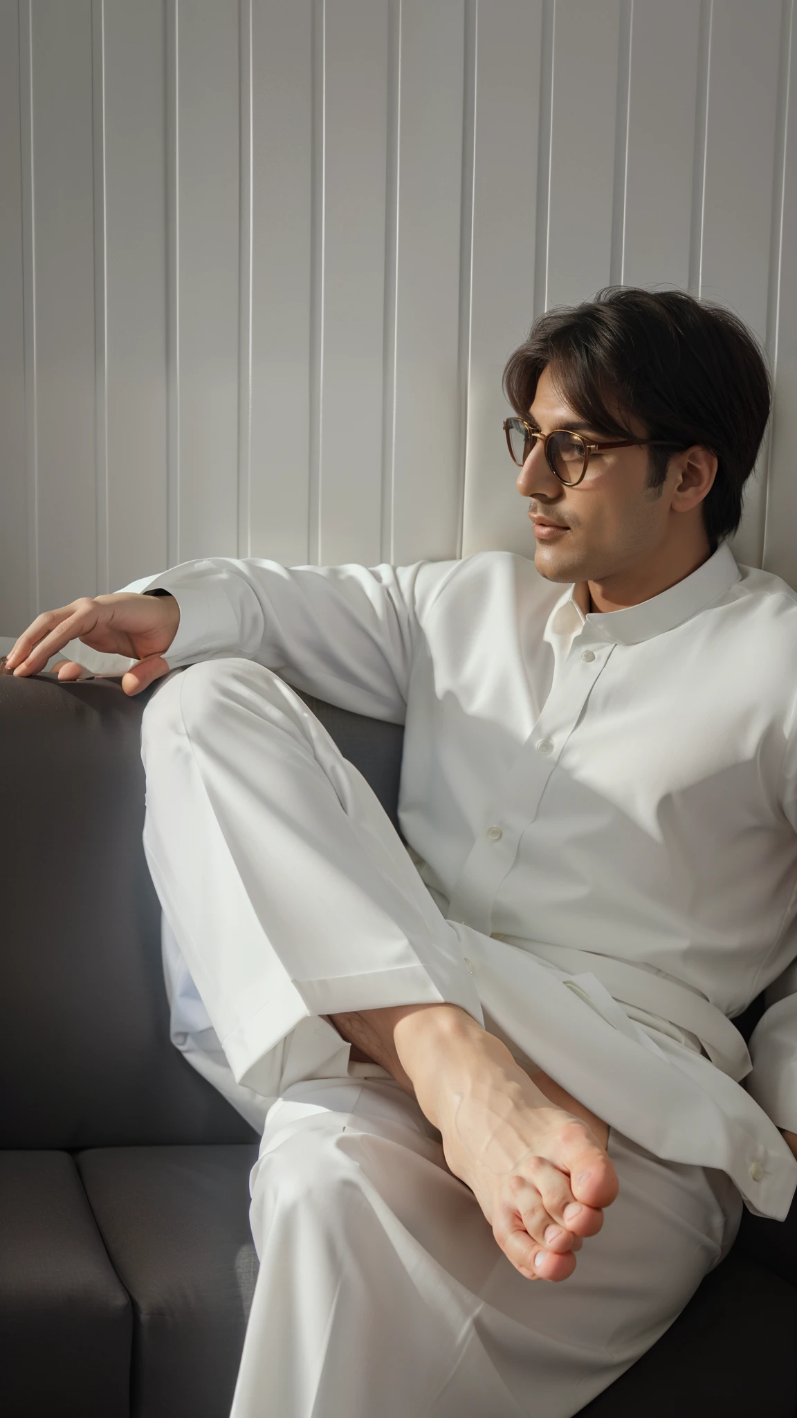 araffe sitting on a couch with his feet up and his feet crossed, wearing white formal wear, wearing white suit and glasses, wearing futuristic white suit, wearing white suit, inspired by Osman Hamdi Bey, white suit, wearing white clothes, dressed in 2020s menswear, in white clothes, in the sun, dressed thobe, relaxing after a hard day, in office, in sofa, tiles wallpaper
