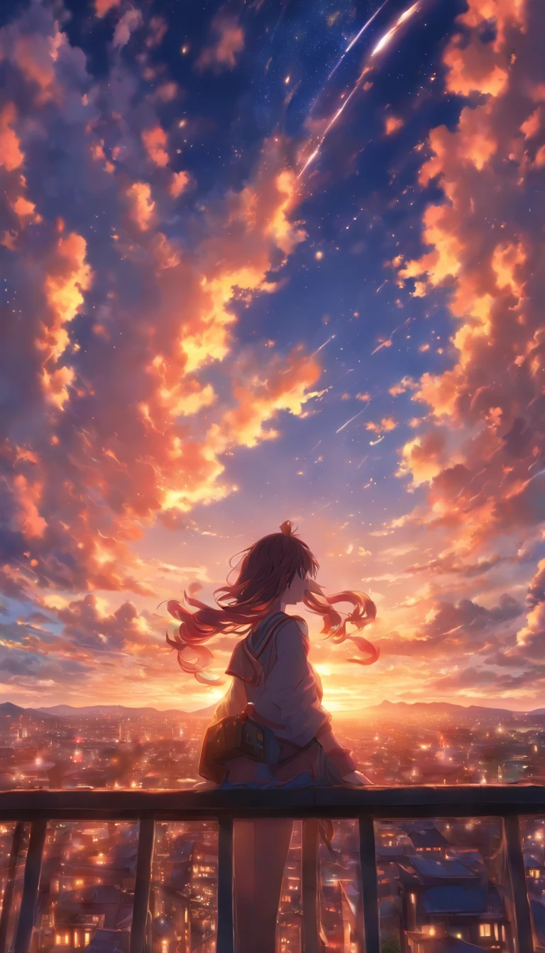 The scenery is the main thing。High quality in every detail。you are on the roof of the school。Beautiful woman looking up at the sky。A woman with a mature impression。evening glow。Fantastic sky。Clear sky。fantastic。fantastic landscape。