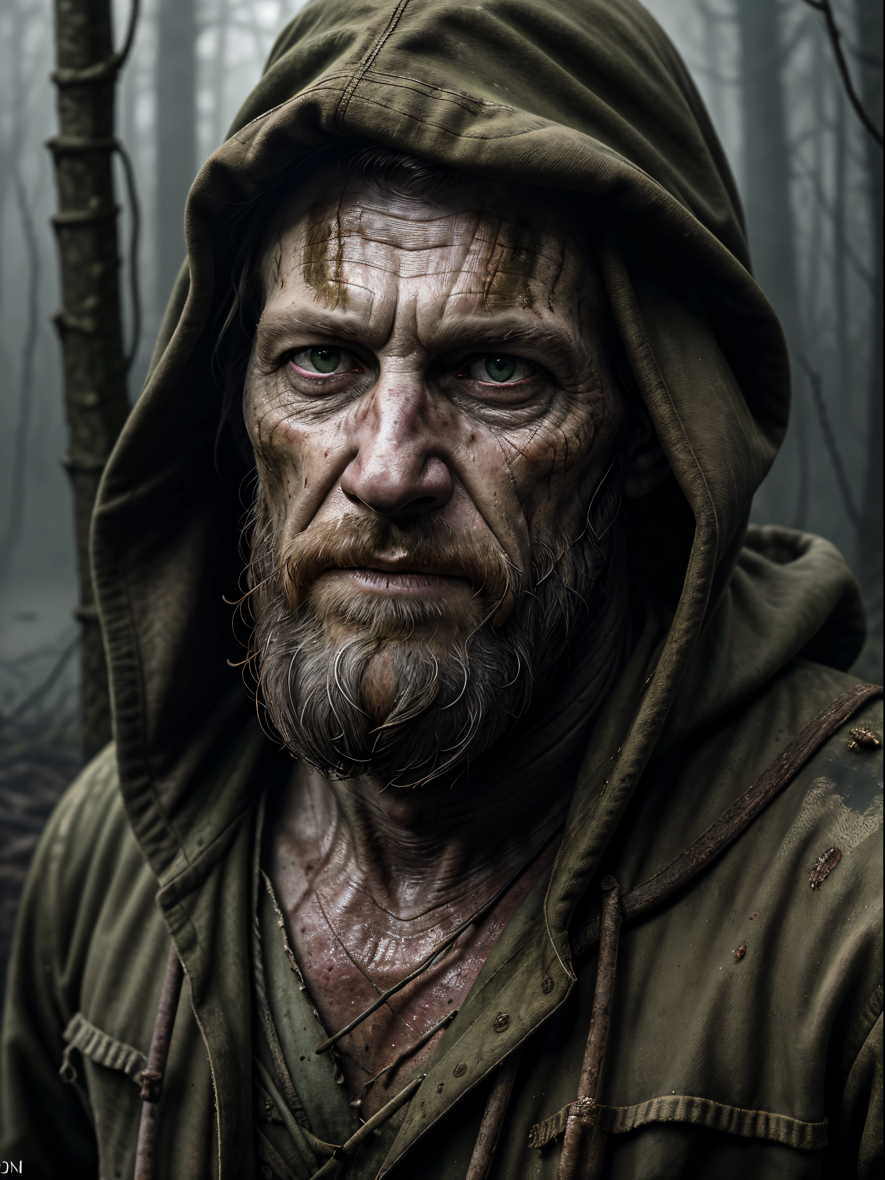 A man with a beard and a hoodie in a forest - SeaArt AI