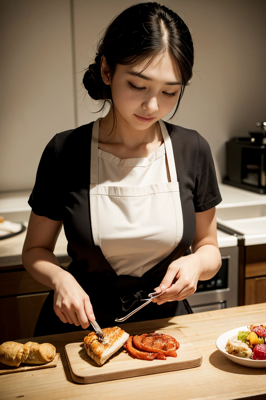 A close-up shot of a housewife skillfully preparing a delicious meal in a modern kitchen, showcasing intricate food preparation techniques, vibrant ingredients, and impeccable attention to detail. The image should be captured with a Nikon D850 camera using an 85mm lens, resulting in a high-resolution, photorealistic depiction of the scene. The lighting should be warm and inviting, emphasizing the textures and colors of the ingredients. The composition should highlight the housewife's hands and culinary tools, conveying a sense of passion and expertise.